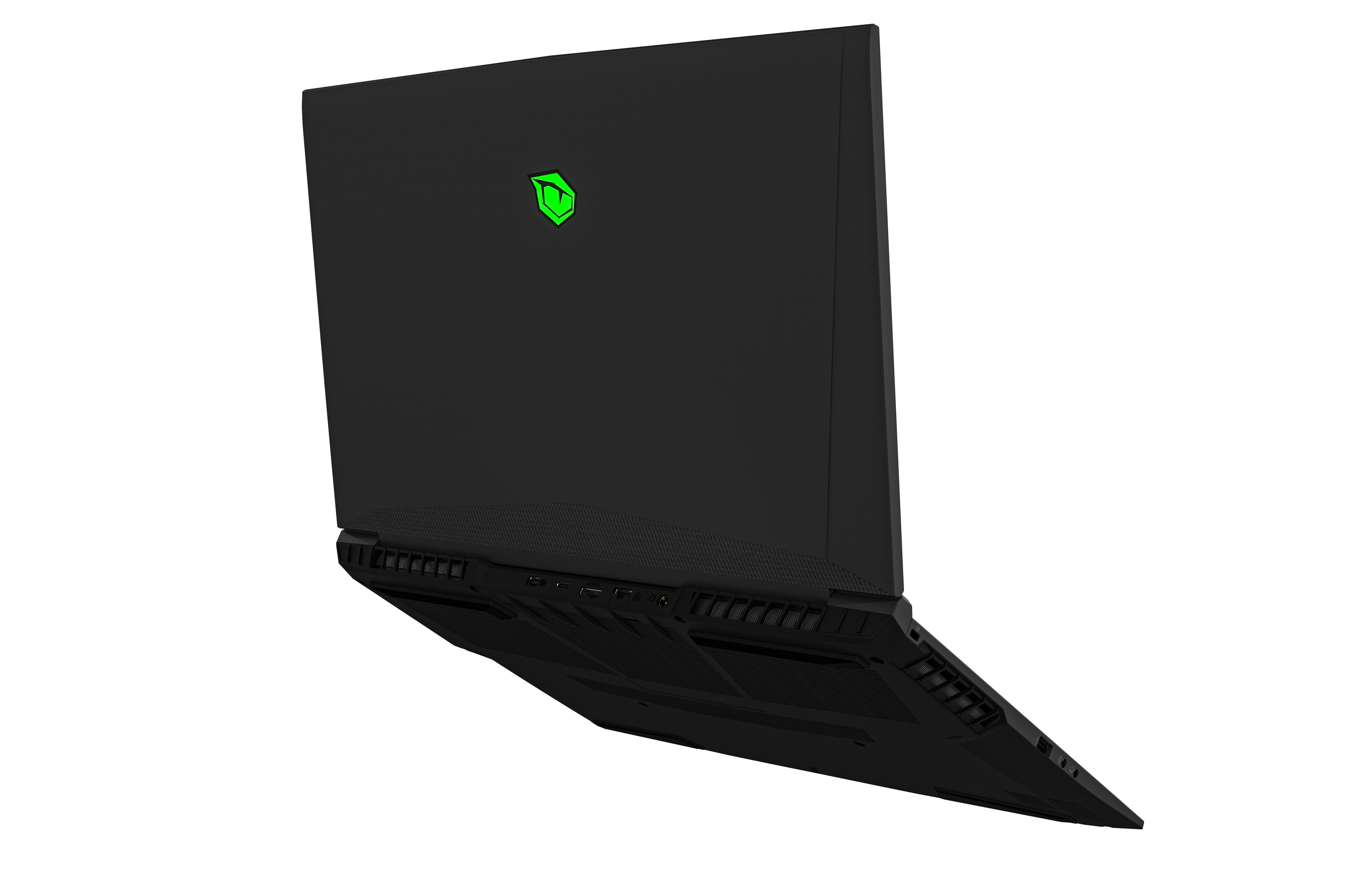 Czarny laptop z tyłu, z zielonym logo na pokrywie, czarne tło.