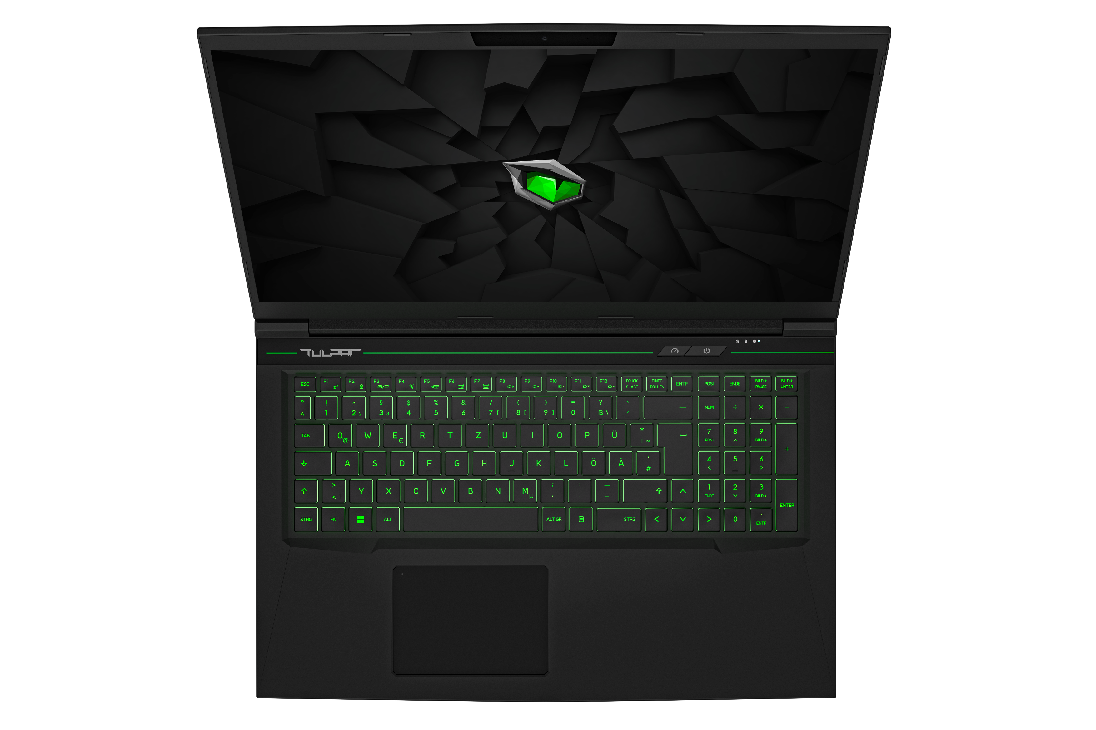 Laptop z podświetlaną na zielono klawiaturą. Ekran wyświetla zieloną, stylizowaną grafikę.