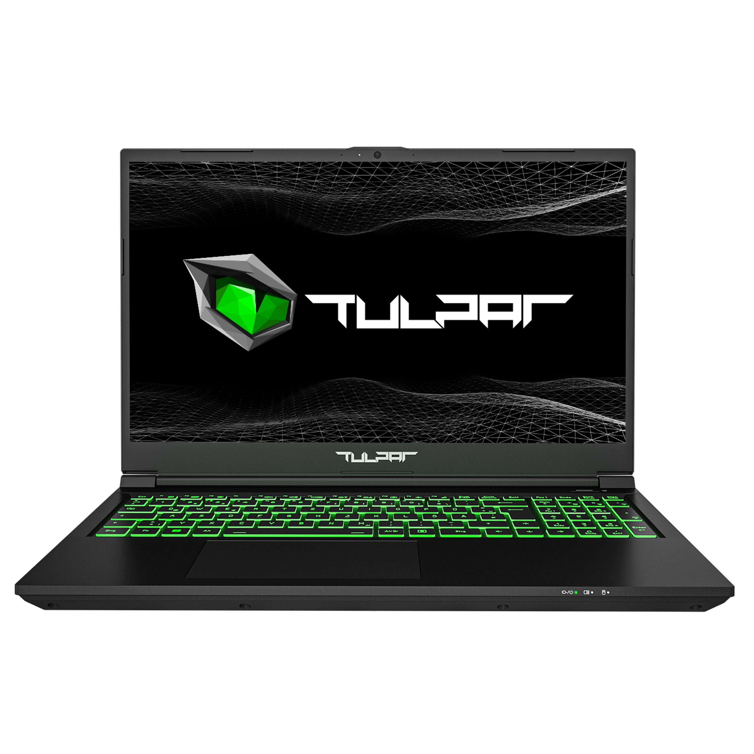 Ein schwarzer Laptop mit grüner beleuchteter Tastatur. Der Bildschirm zeigt ein Logo mit grünem Muster.