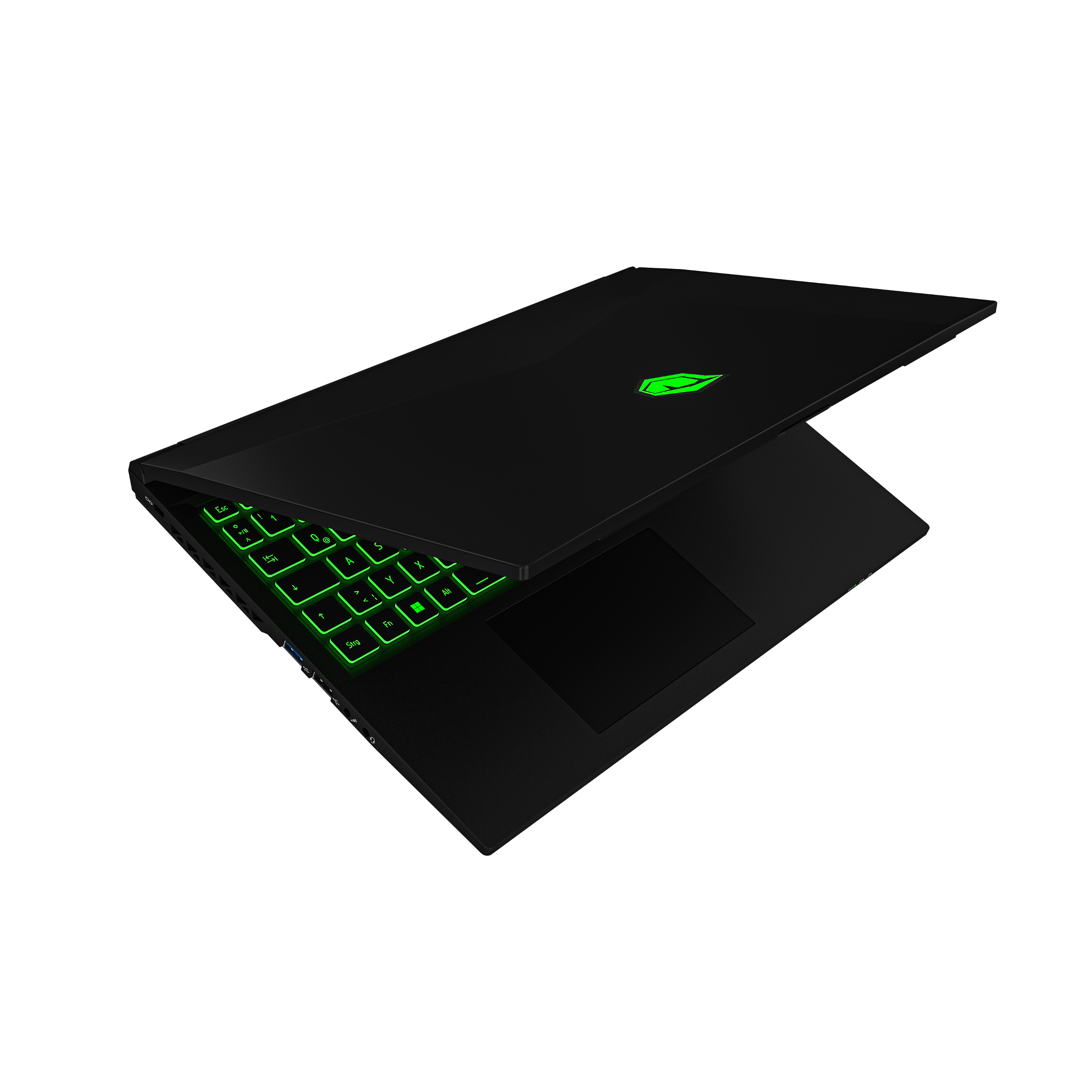 Ein schwarzer Laptop mit grün beleuchteter Tastatur ist geöffnet, auf schwarzem Hintergrund. Das Logo oben.