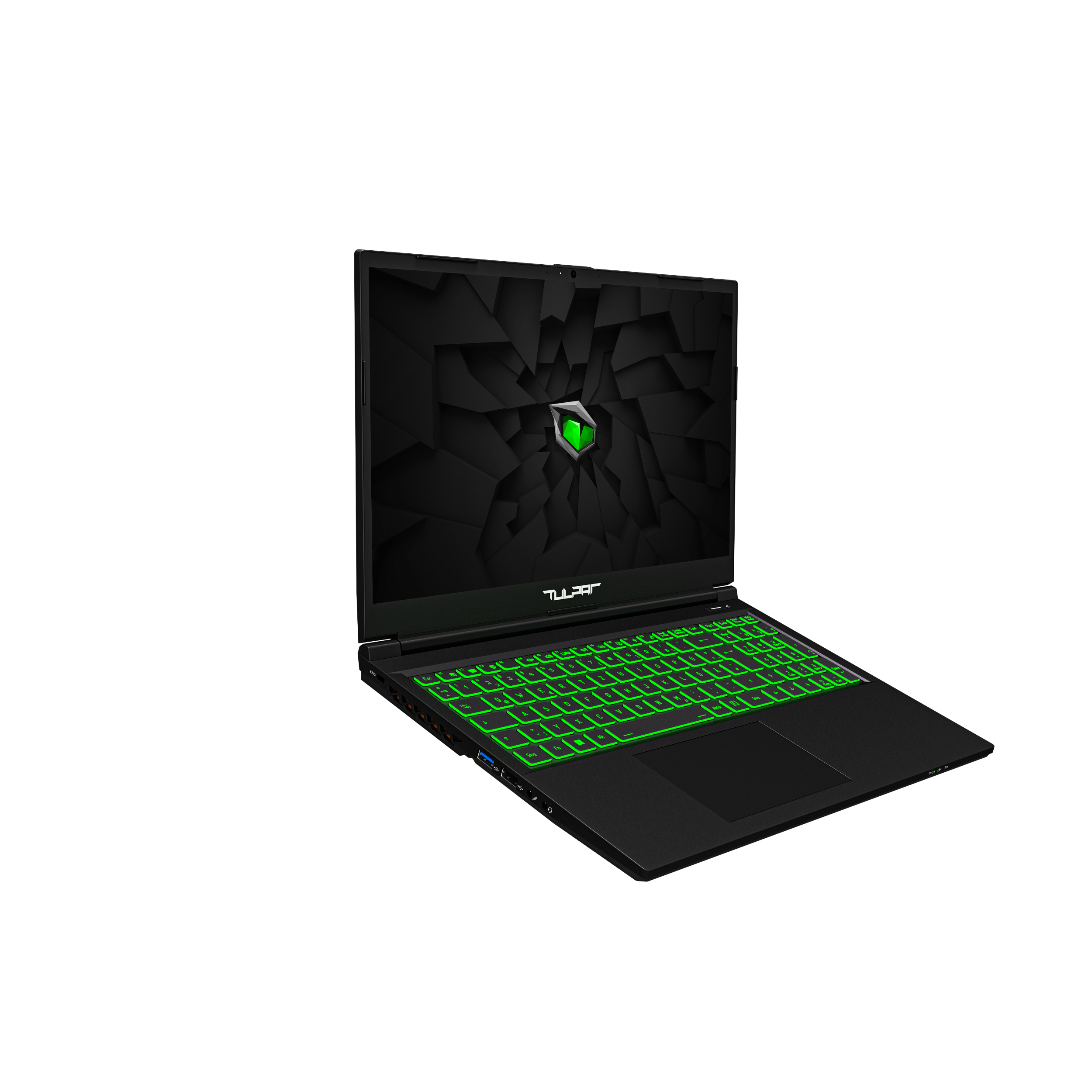 Schwarzer Laptop mit grün hinterleuchteter Tastatur, geöffnet auf schwarzer Oberfläche. Der Bildschirm zeigt ein grünes Logo.