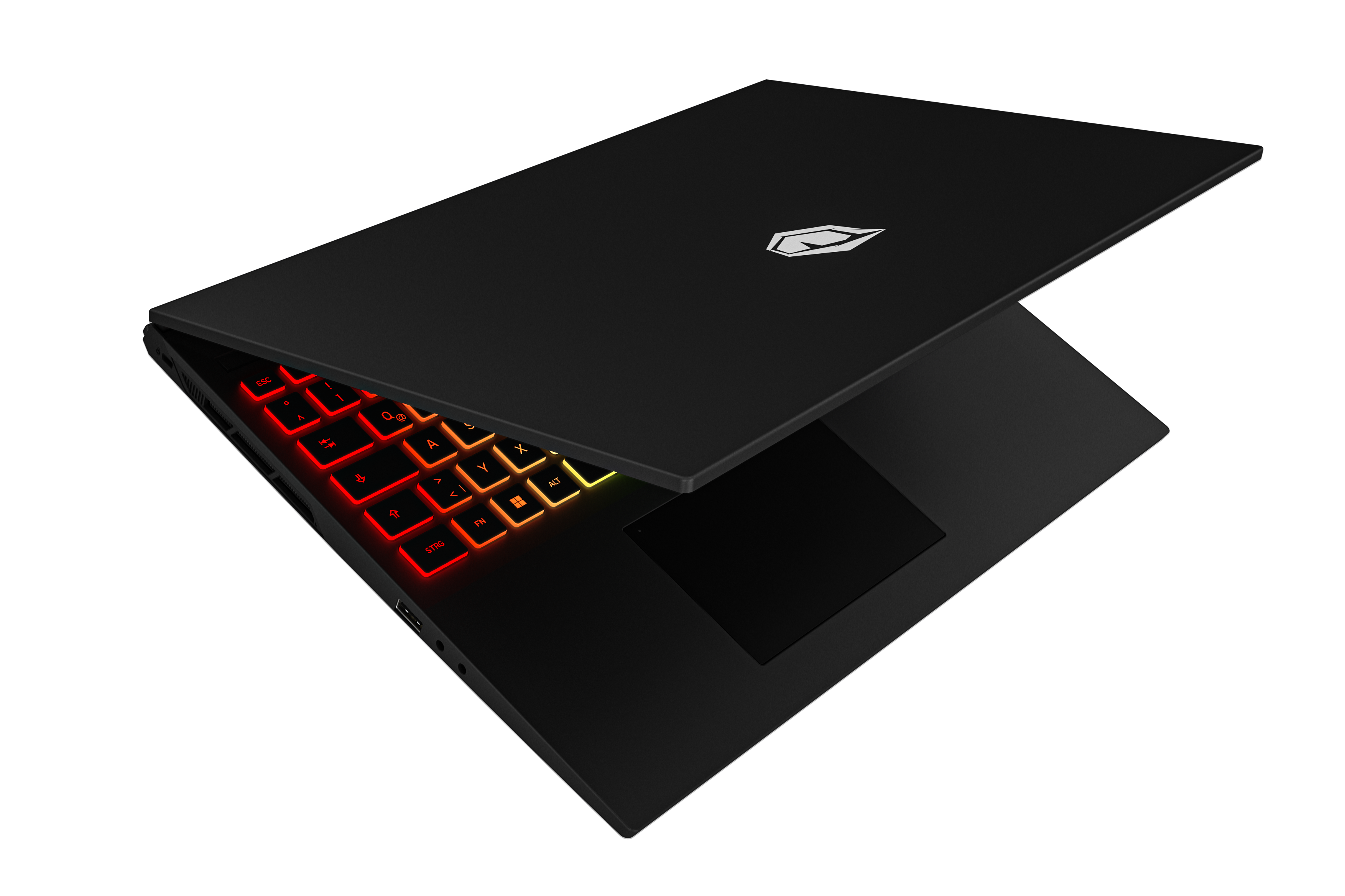Schwarzer Laptop mit rot-gelber Hintergrundbeleuchtung der Tastatur, offen auf dunkler Oberfläche.