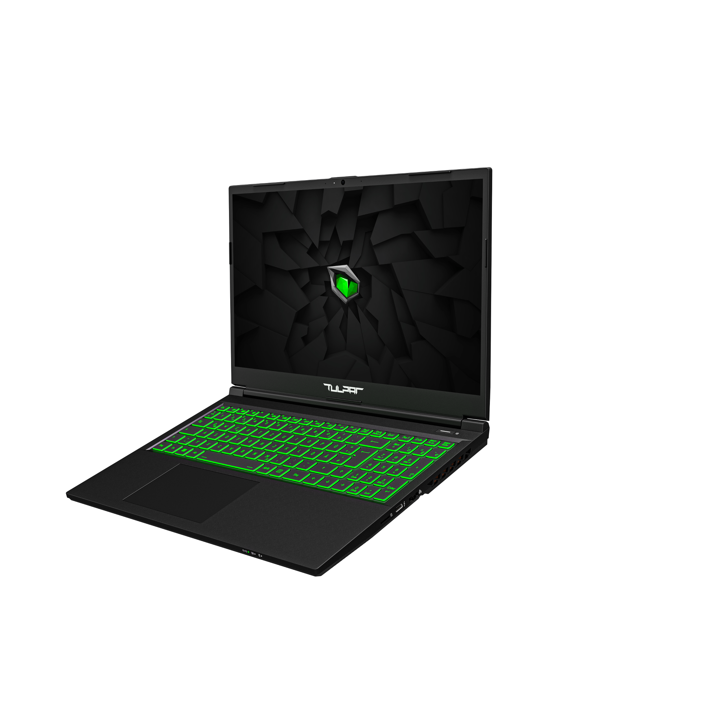 Schwarzer Gaming-Laptop mit grün beleuchteter Tastatur und geometrischem Design auf dem Bildschirm.