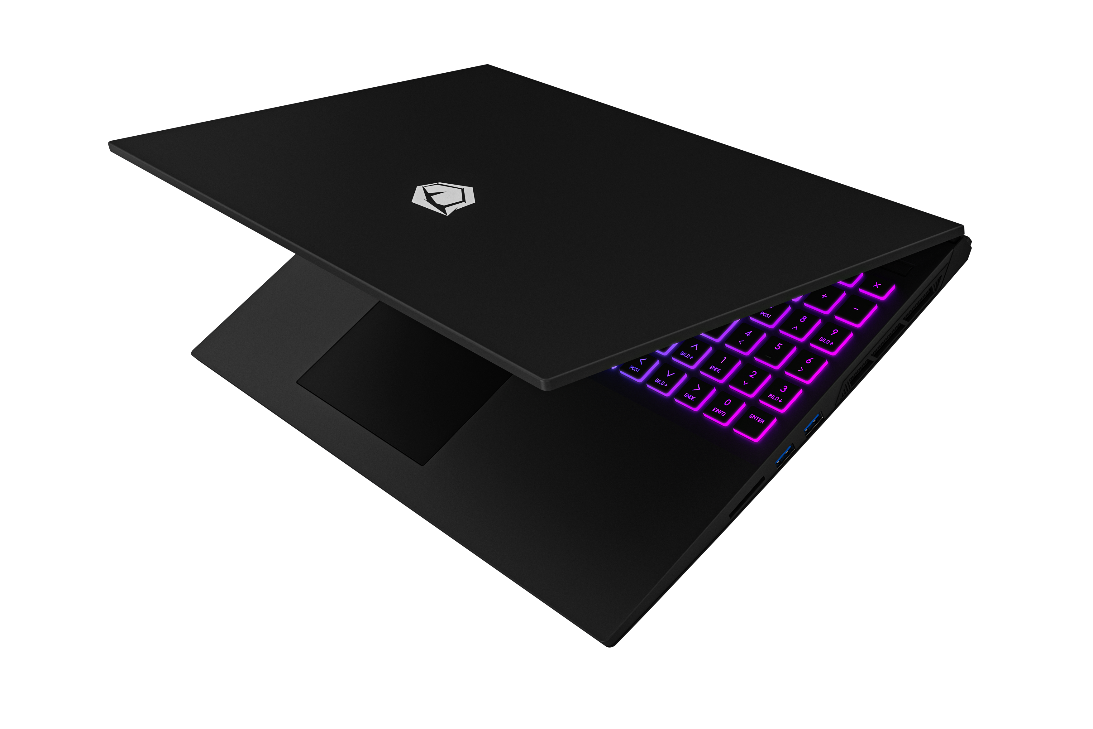 Schwarzer Laptop mit beleuchteter, farbenfroher Tastatur auf dunkler Oberfläche.