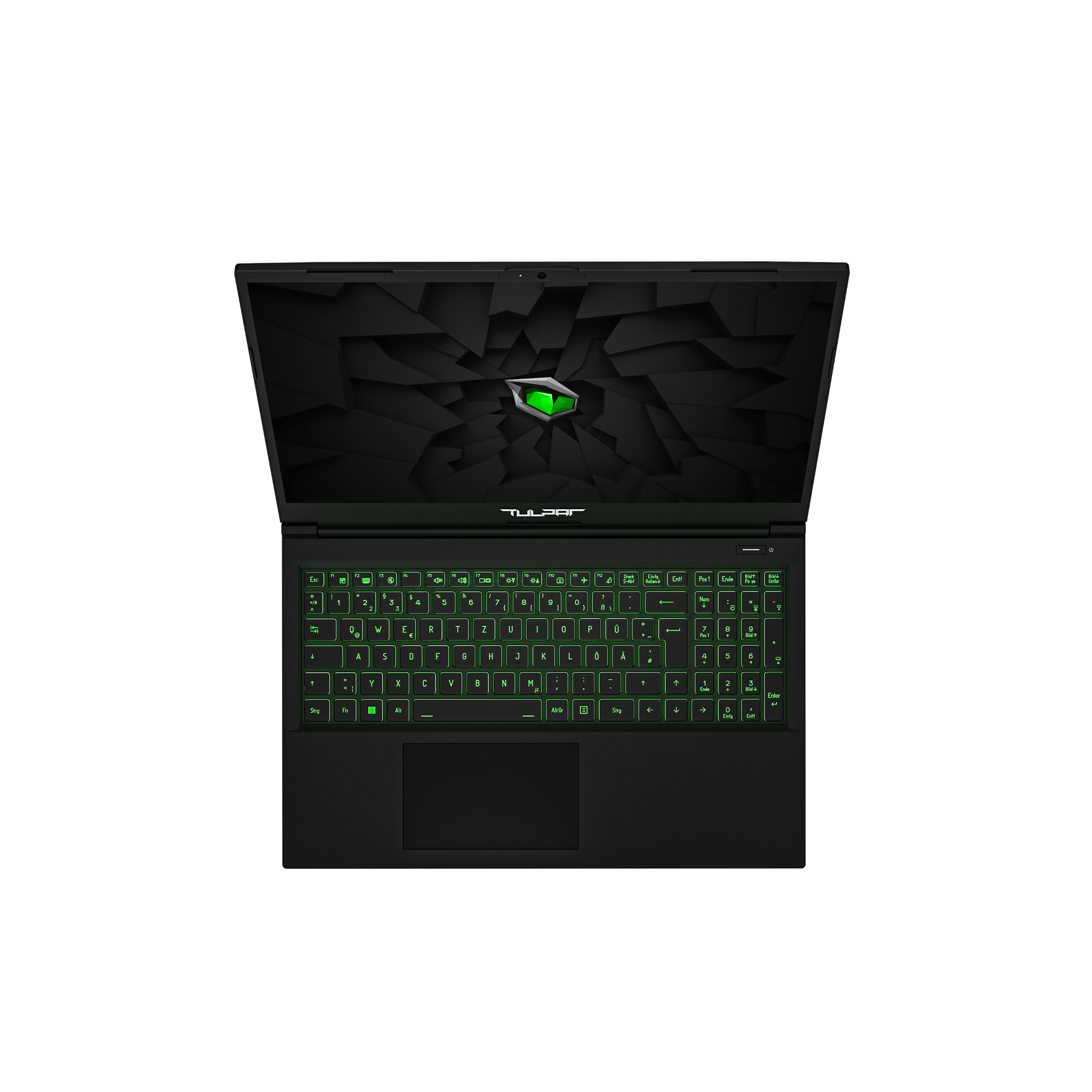 Schwarzer Laptop mit grüner Tastatur. Grünes Logo in der Mitte des Bildschirms.