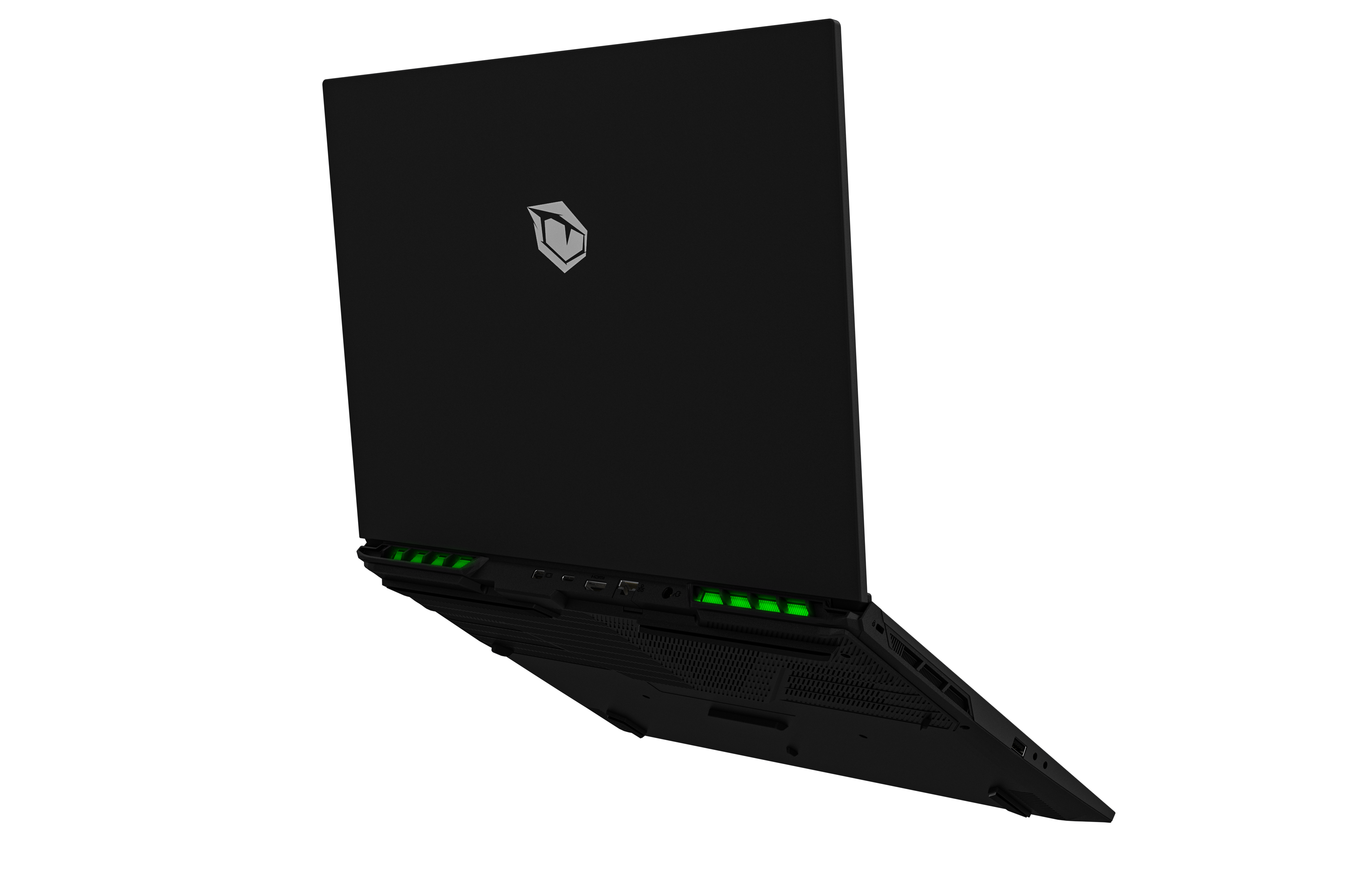 Schwarzer Laptop auf schwarzem Hintergrund, aus niedrigem Winkel betrachtet. Grüne Akzente.
