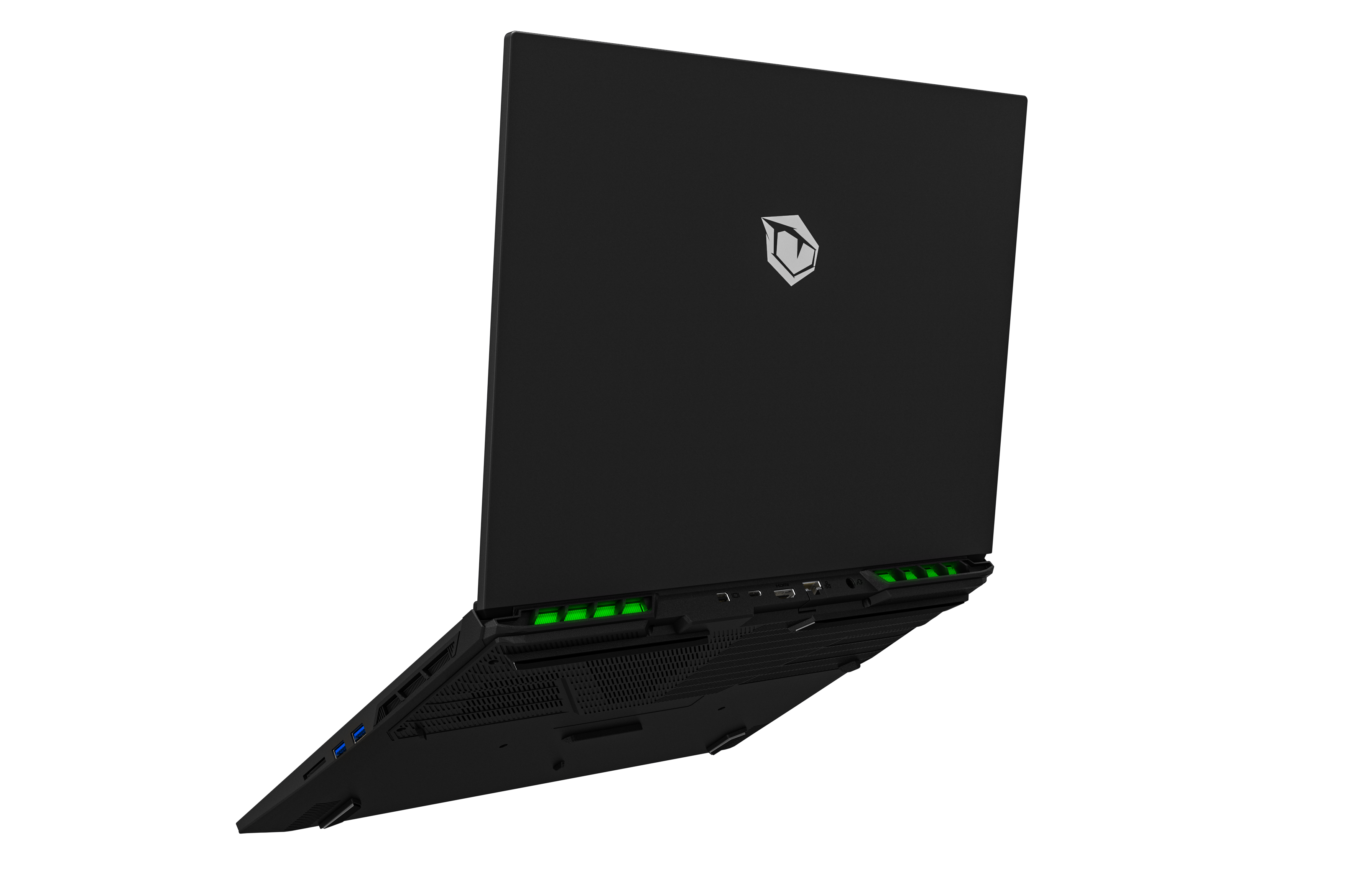 Schwarzer Gaming-Laptop auf schwarzem Hintergrund. Der Laptop ist geschlossen, das Logo sichtbar.