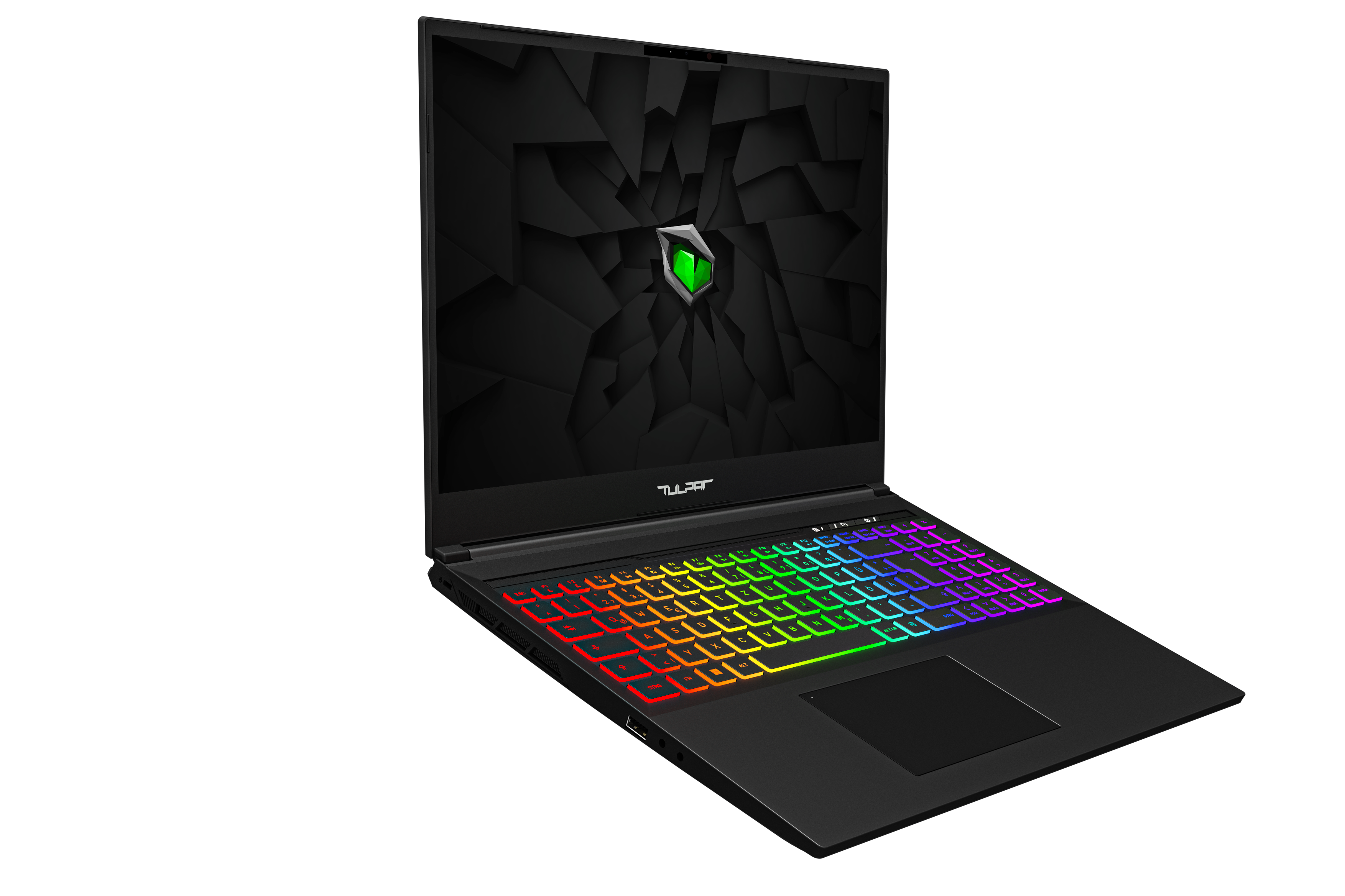 Ein schwarzer Gaming-Laptop mit beleuchteter Regenbogen-Tastatur, offen auf schwarzem Untergrund.