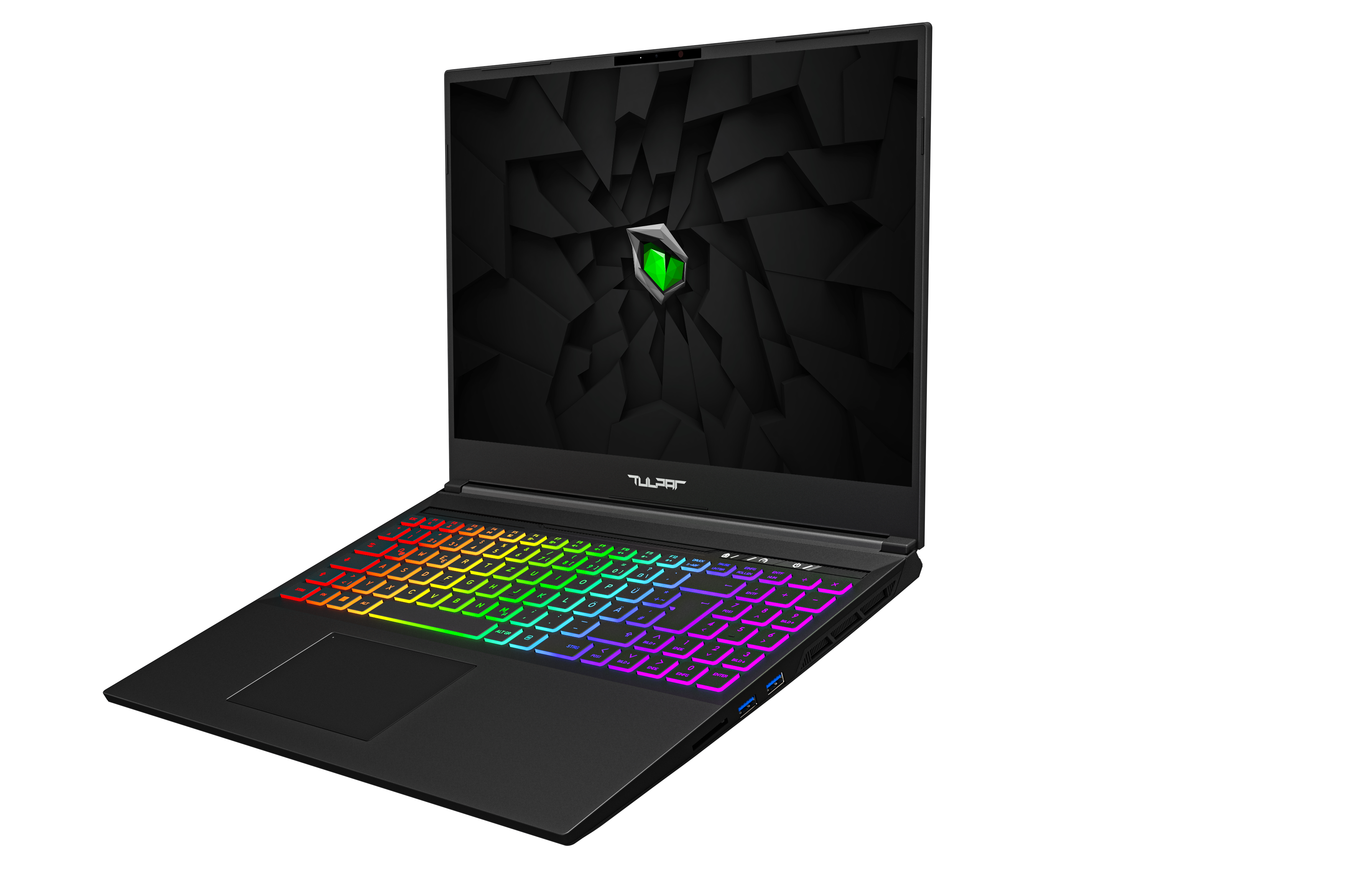 Schwarzer Laptop mit Regenbogen-Tastatur, auf schwarzem Hintergrund. Der Bildschirm ist an.