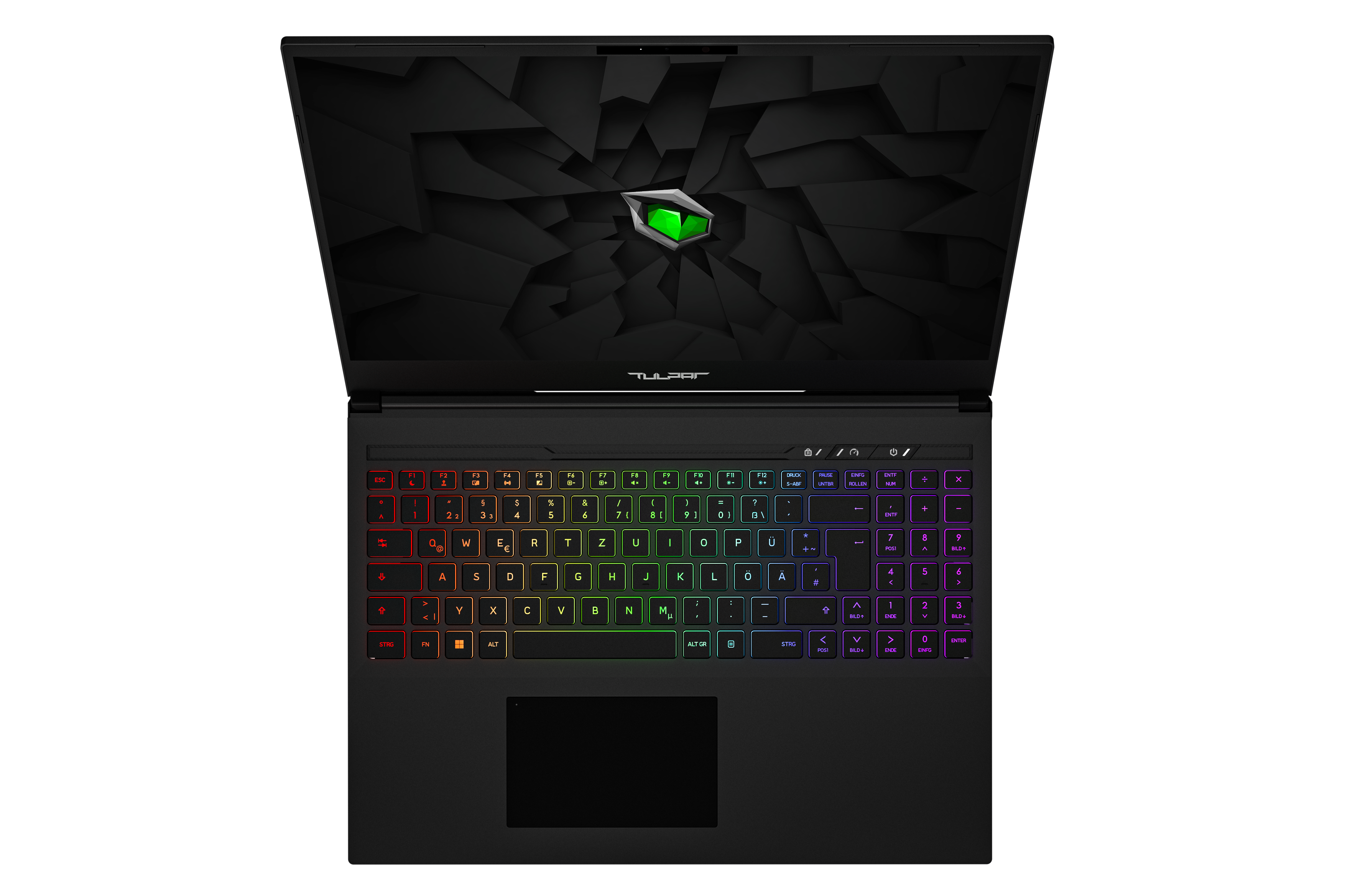 Schwarzer Laptop mit bunter Tastatur, beleuchtet. Der Bildschirm zeigt ein grünes Logo auf schwarzem Grund.