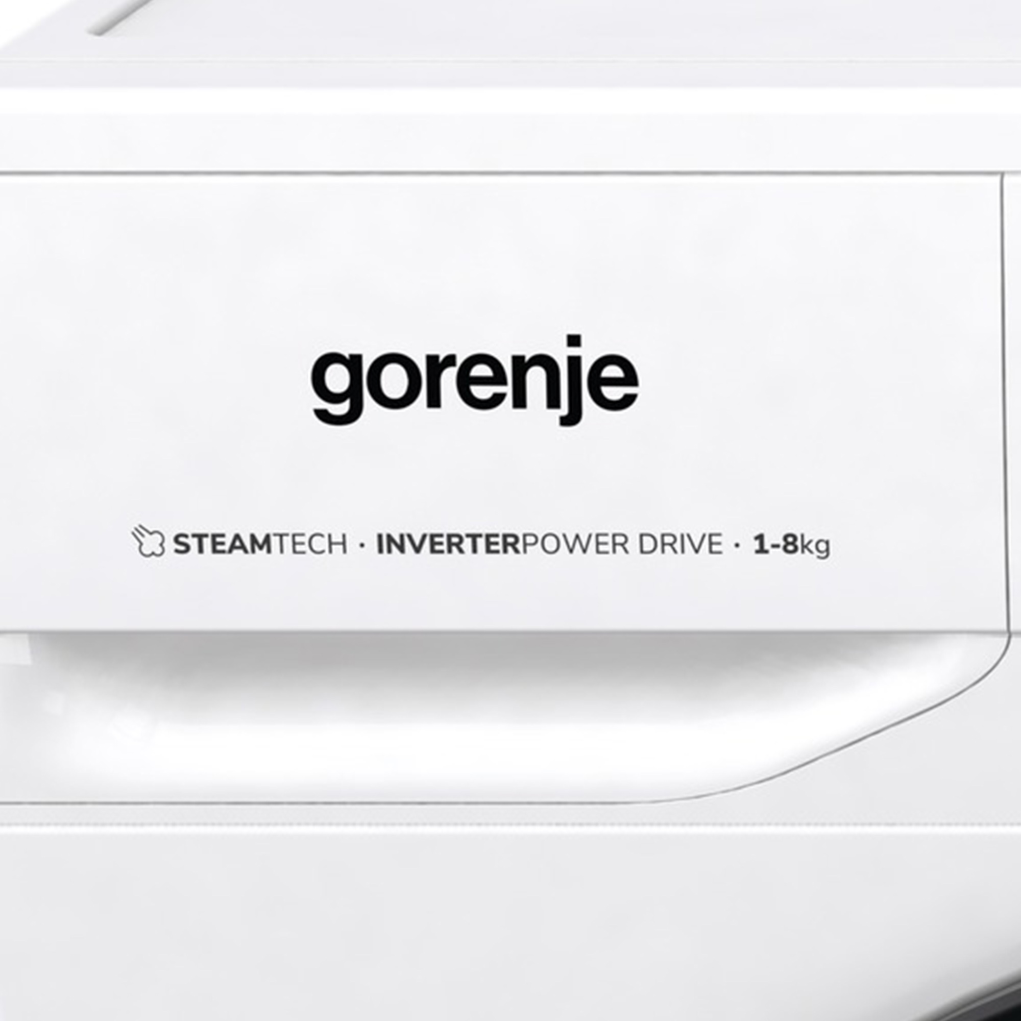 Das Wort 'gorenje' auf einer weißen Waschmaschine. Darunter einige Details.
