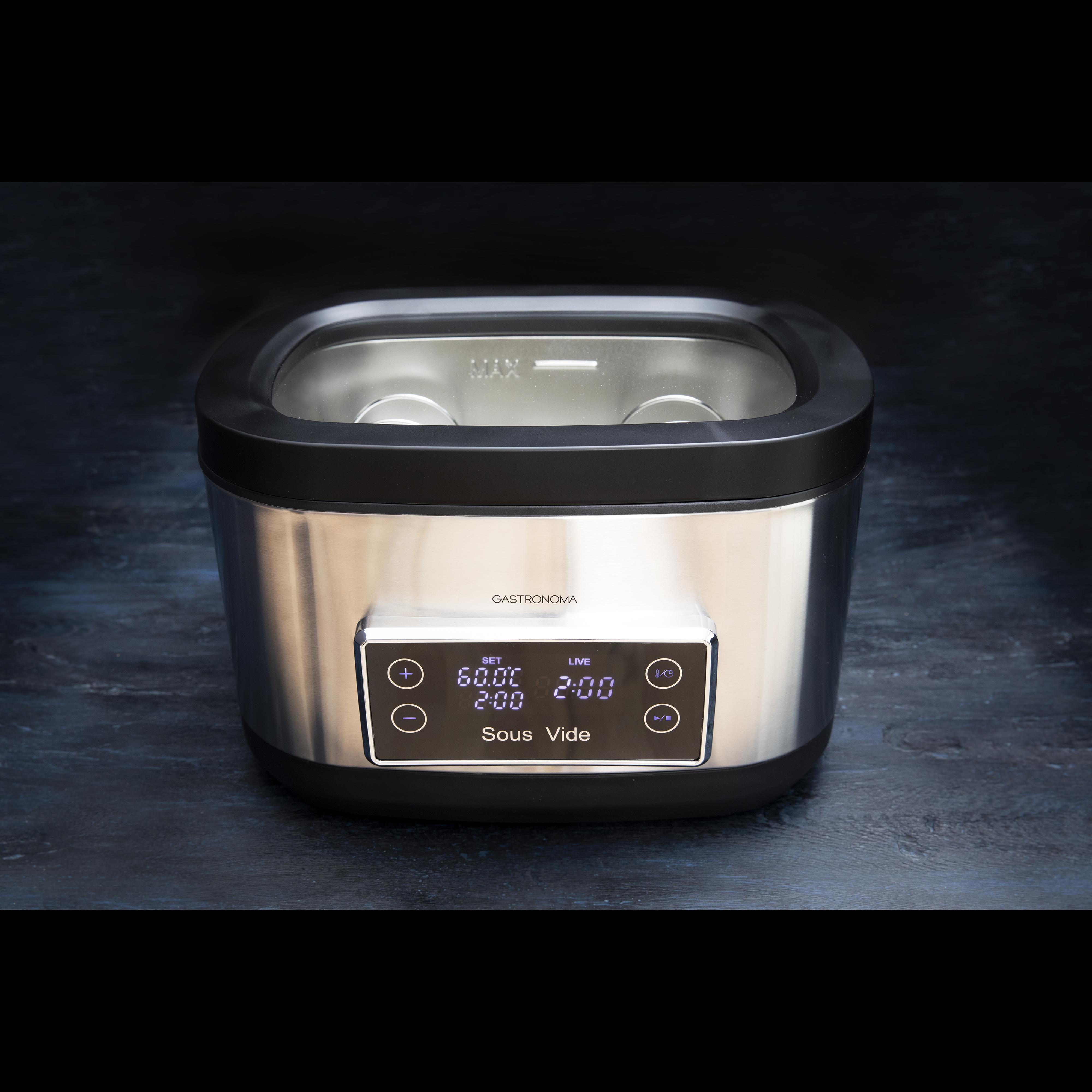 Stainless steel sous vide machine with a black top and display. The display reads 'SET' and 'LIVE' times.