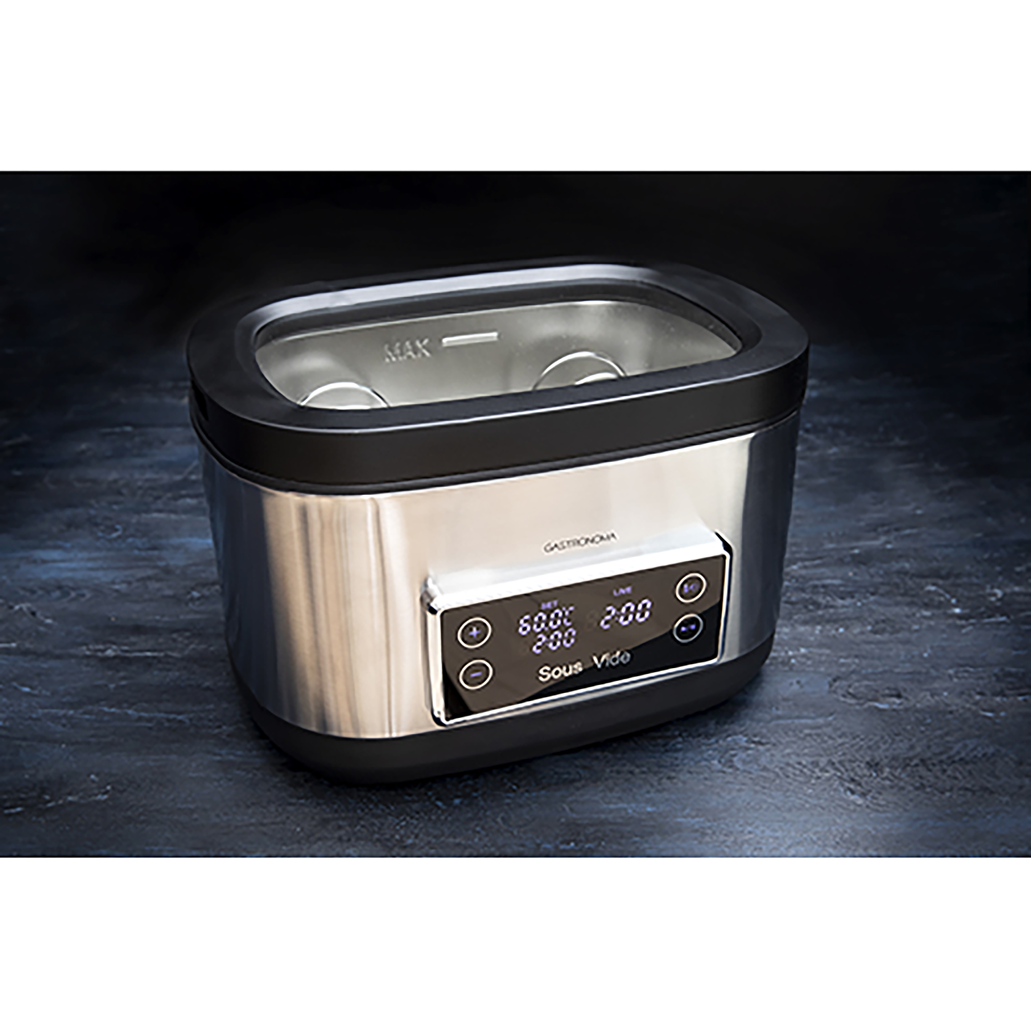 Stainless steel sous vide machine with a black top. Digital display shows settings.