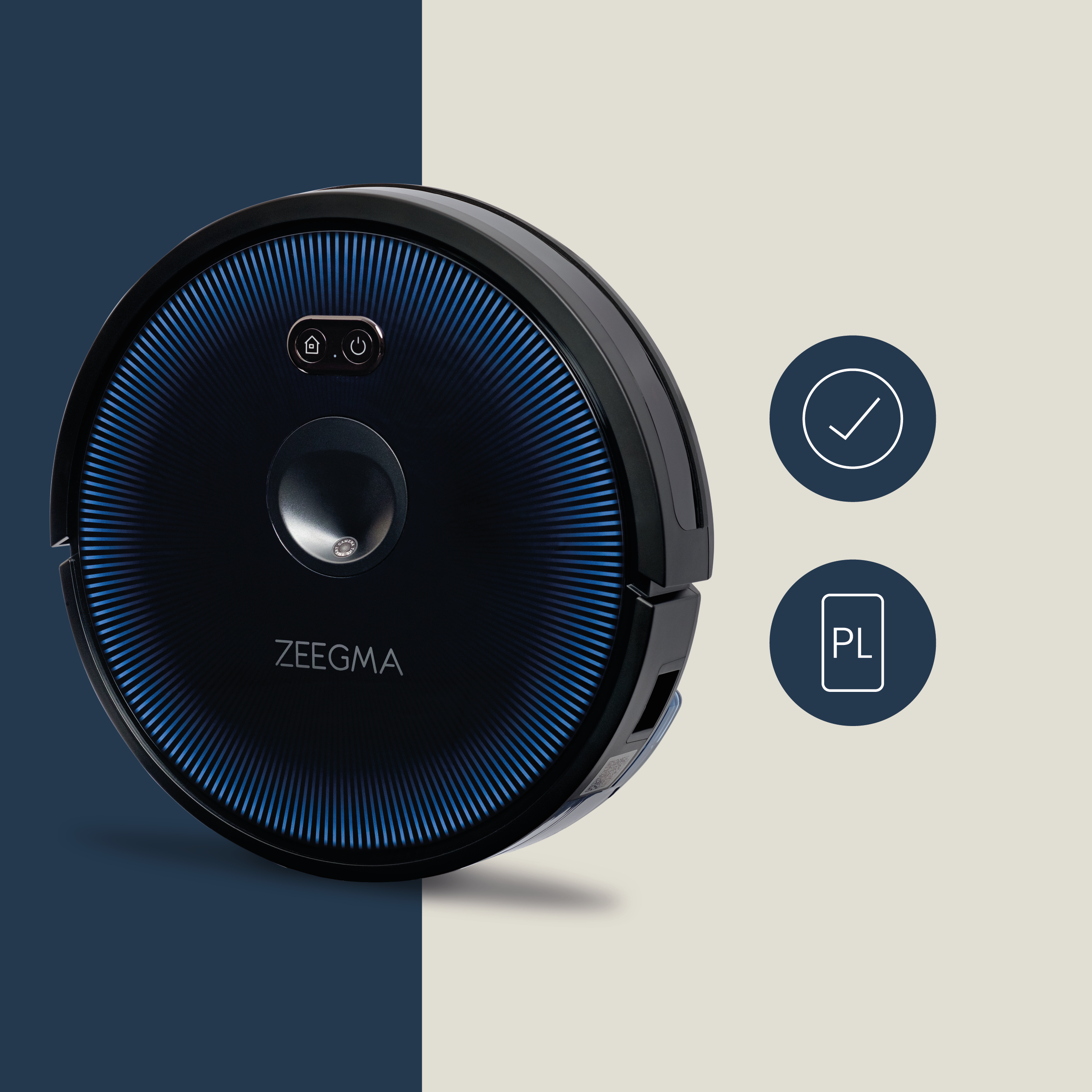 Czarny i niebieski odkurzacz robot. Są dwie ikony: znak wyboru i PL.