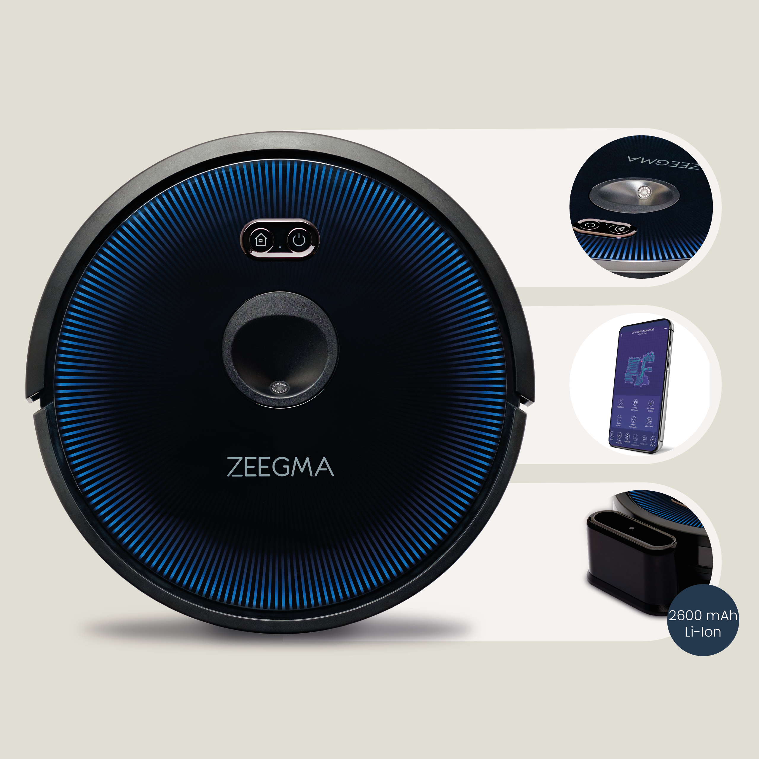 Czarny i niebieski odkurzacz robot Zeegma. Istnieją trzy inne obrazy pokazujące części urządzenia.