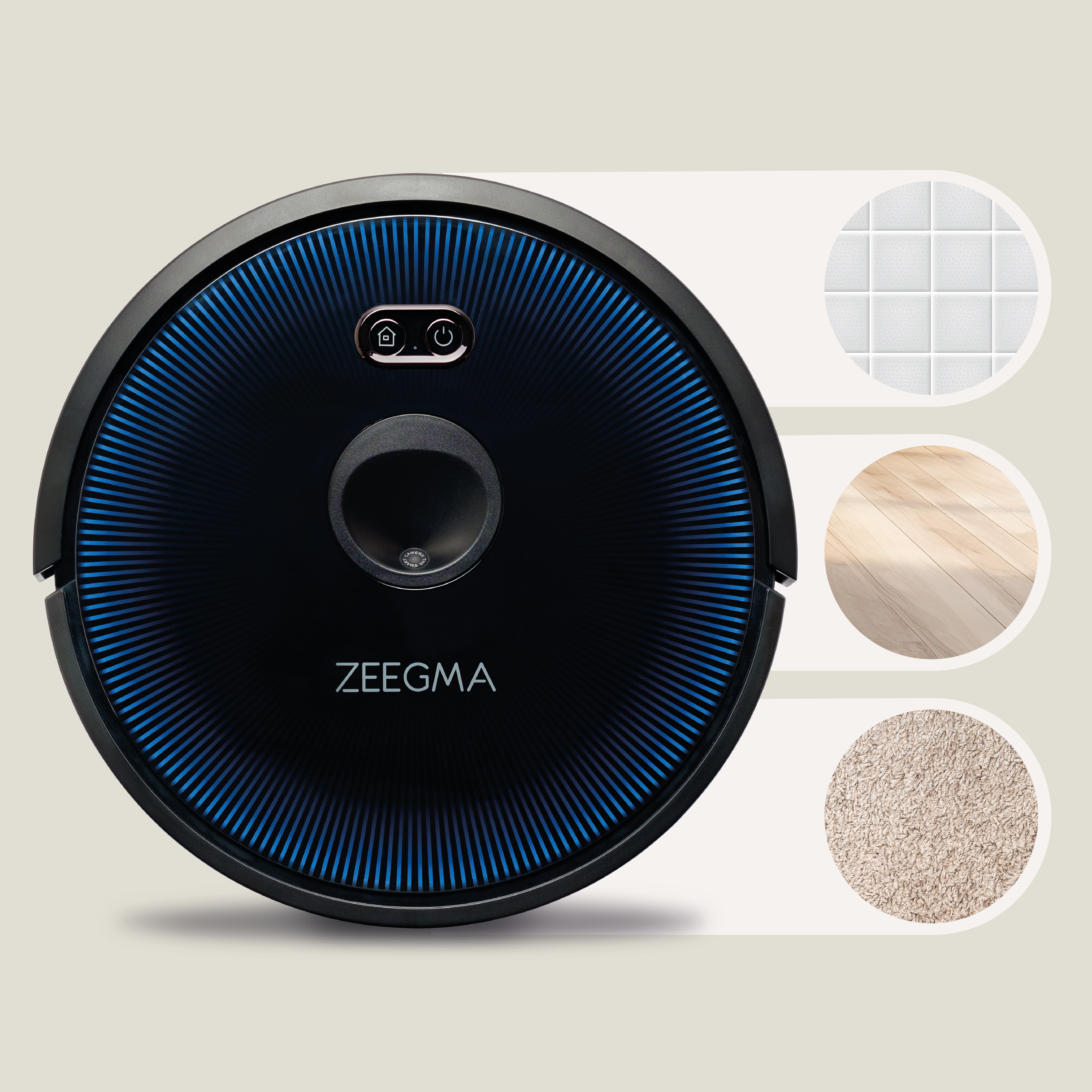 Czarny robot sprzątający z niebieskim pierścieniem świetlnym i przykładami czyszczonych powierzchni.