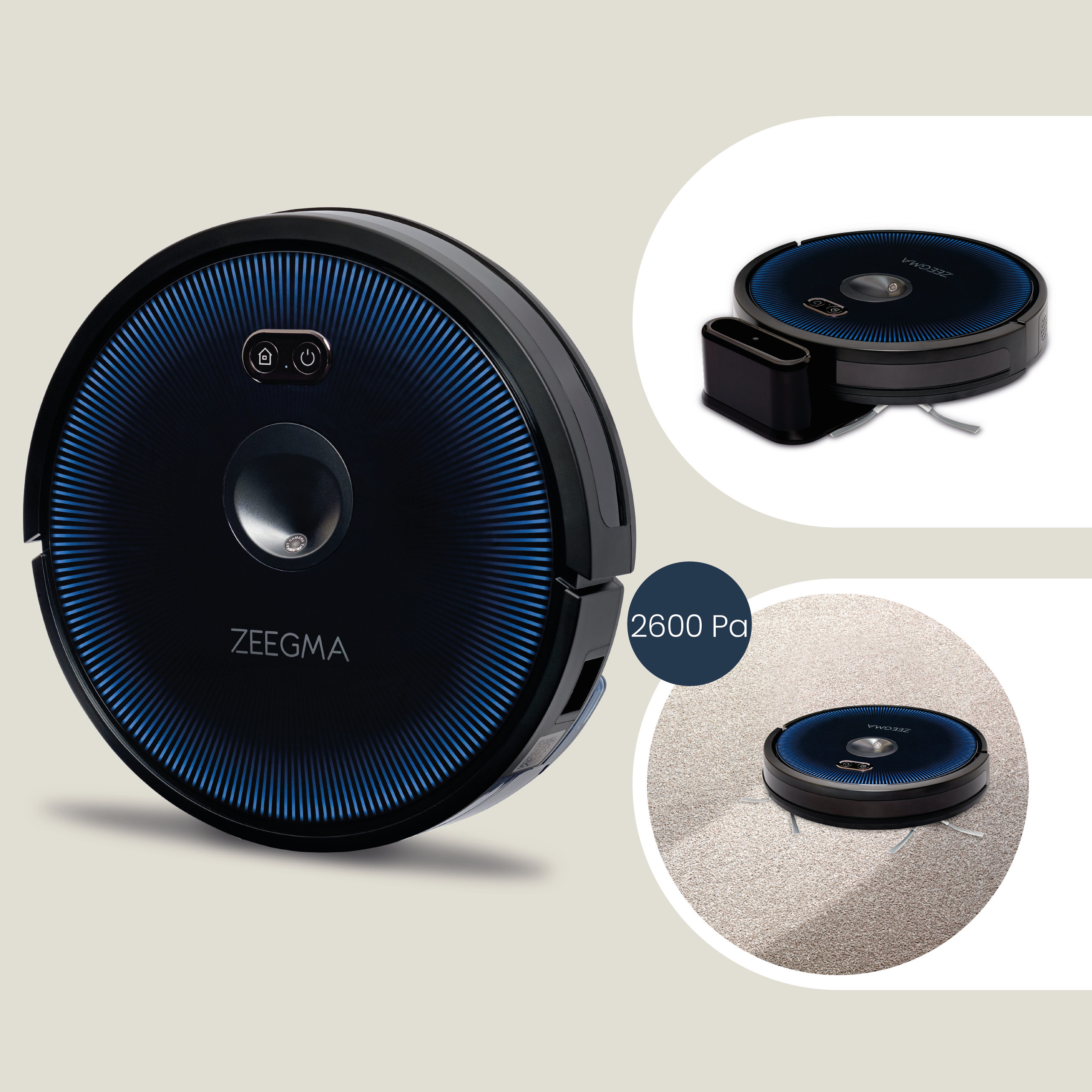 Robot odkurzający. Czarny z niebieskimi światłami. Pokazuje czyszczenie dywanu i ładowanie. Tekst: 2600 Pa.