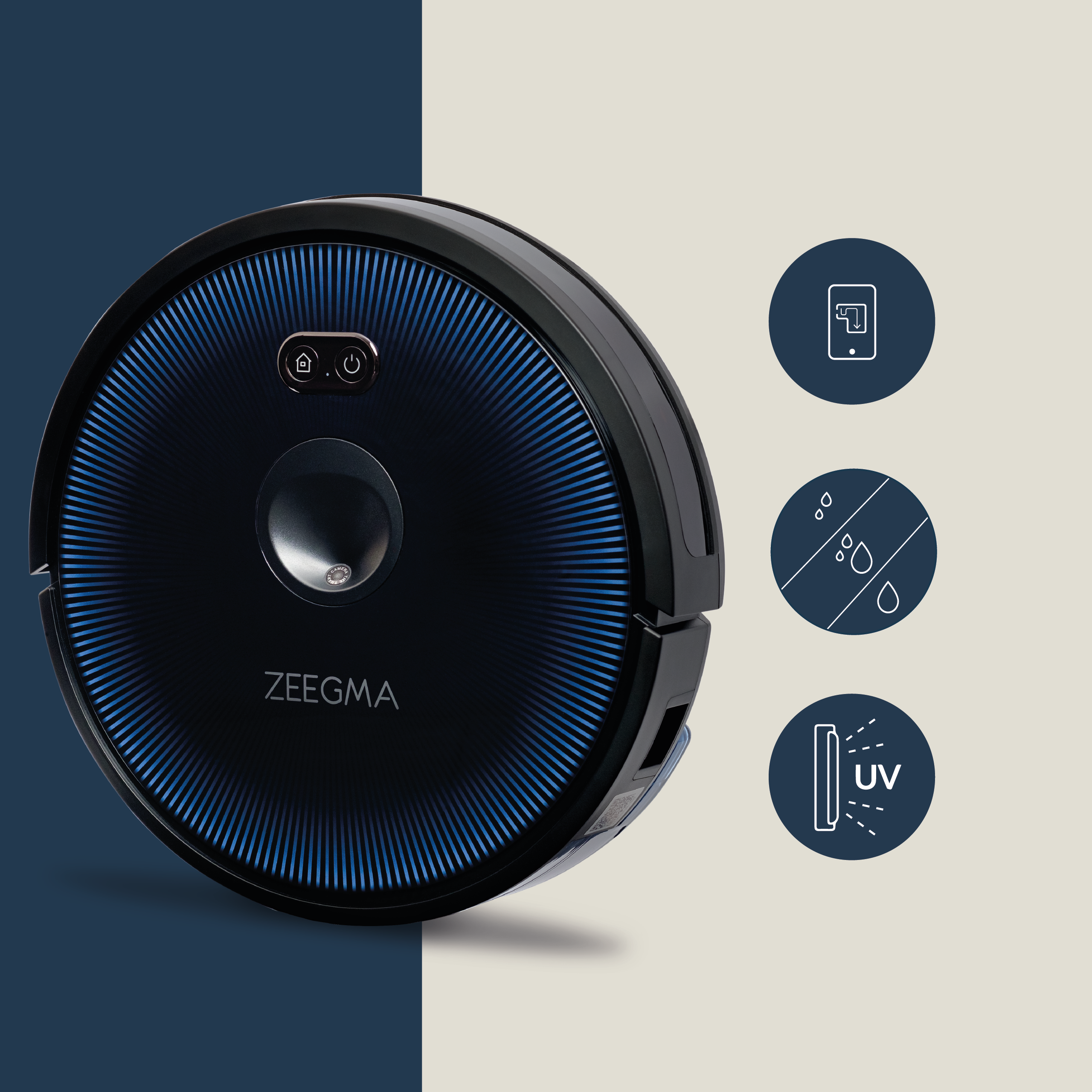 Czarny i niebieski odkurzacz robot. Trzy ikony: aplikacja, woda i UV po prawej.