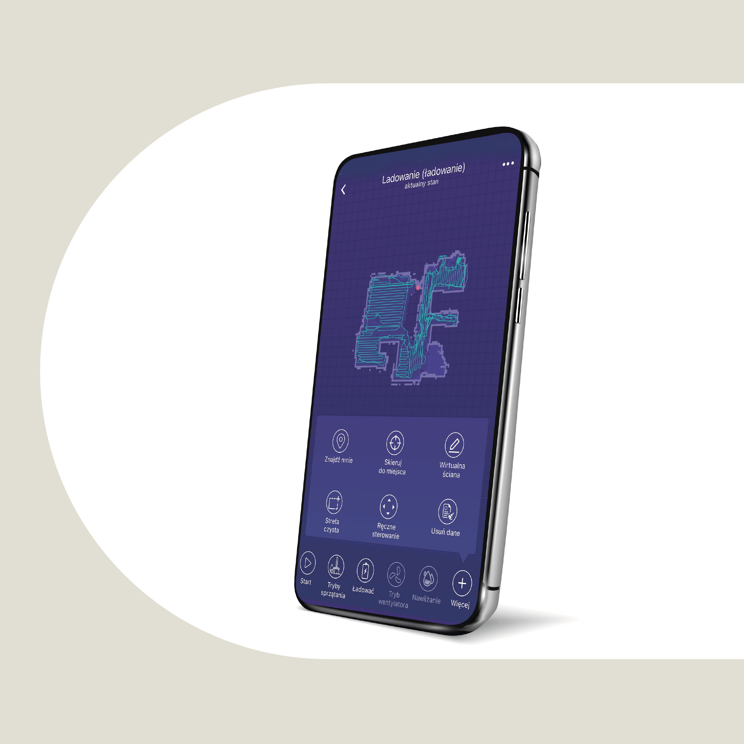 Ekran telefonu z interfejsem aplikacji. Interfejs pokazuje mapę czyszczenia z opcjami. Tło jest białe.