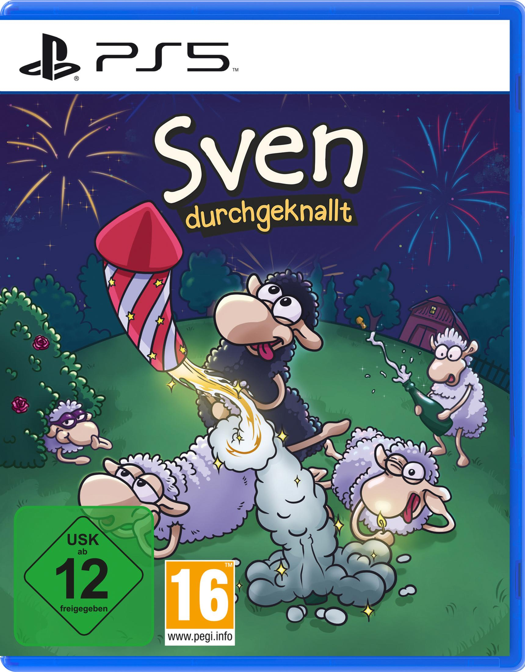 PS5-Spielbox. Zeichentrickschaf schießt eine Feuerwerk. Der Titel ist 'Sven durchgeknallt'.