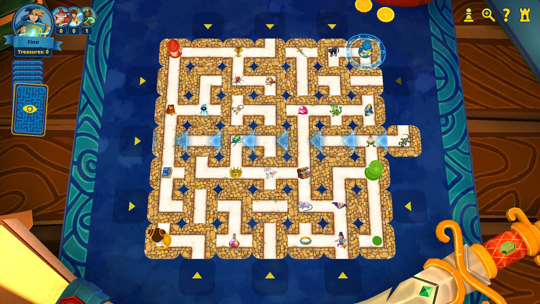 Brettspiel mit einem Labyrinth. Zeichentrickfiguren sind auf dem Brett. Es gibt ein Schwert und eine Schatztruhe.