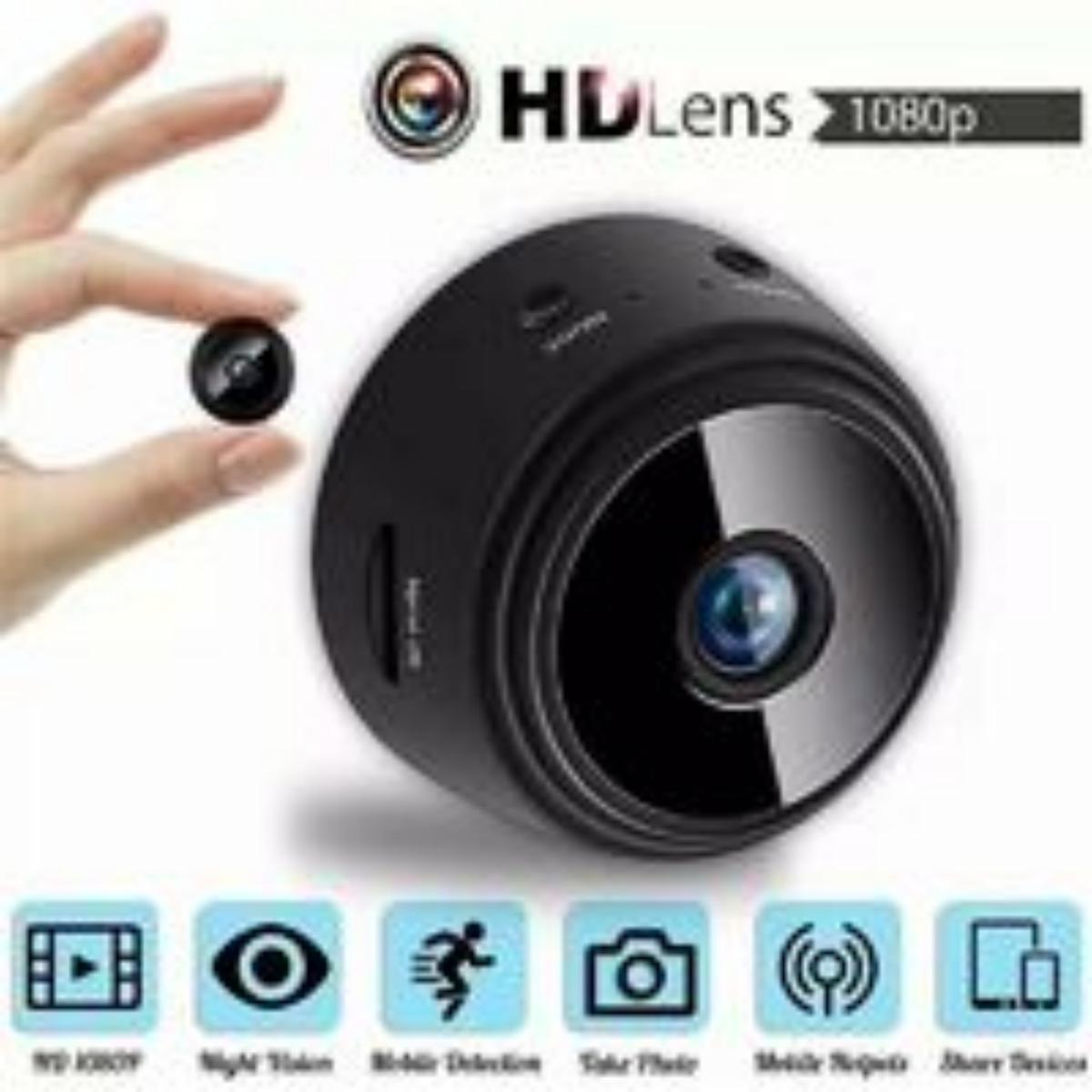 Kleine schwarze HD-Objektivkamera. Eine Hand hält die Kamera, Symbole sind sichtbar.