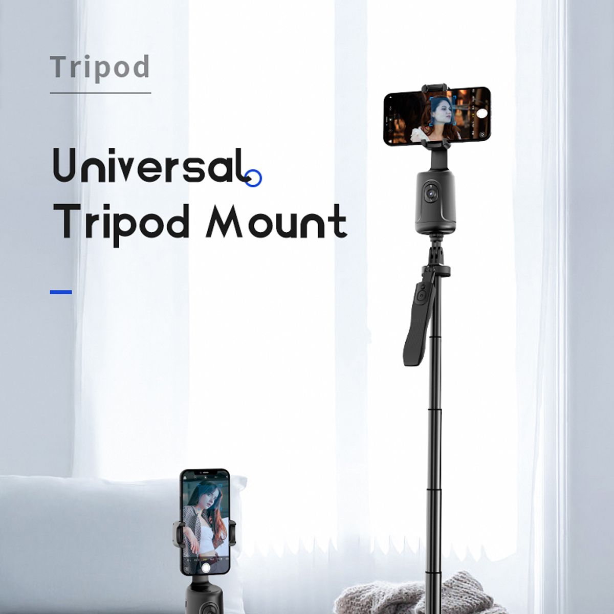 Soporte universal para trípode con teléfono adjunto, con imagen de mujer.