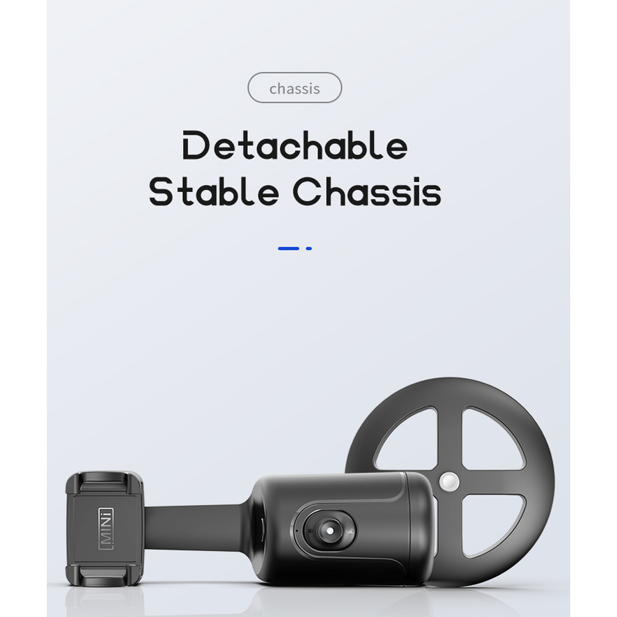 Un producto con un chasis estable desmontable. Base negra con rueda y soporte para teléfono.