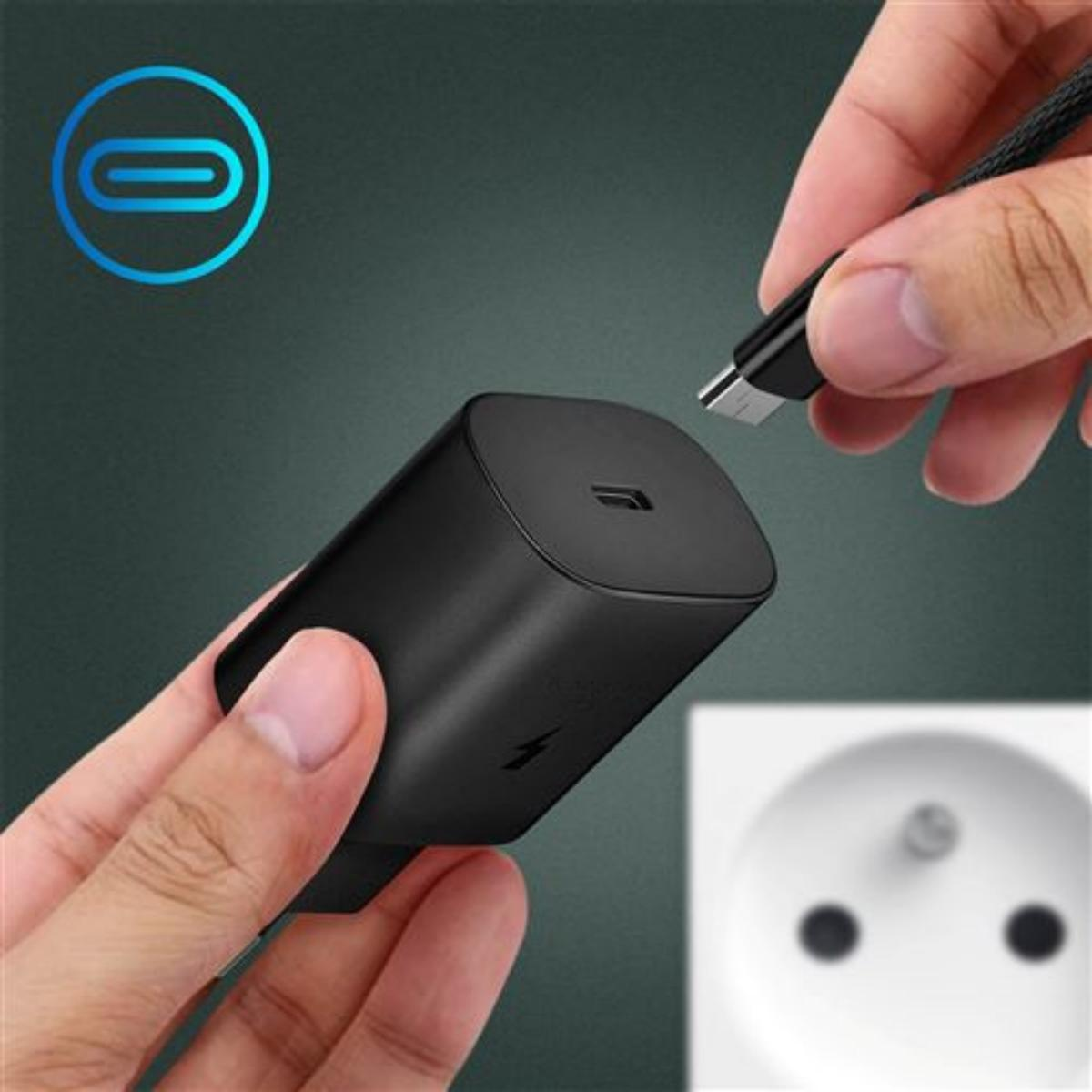 Schwarzes Ladegerät in Händen, USB-C-Kabel wird eingesteckt, mit Grafik des Steckers.