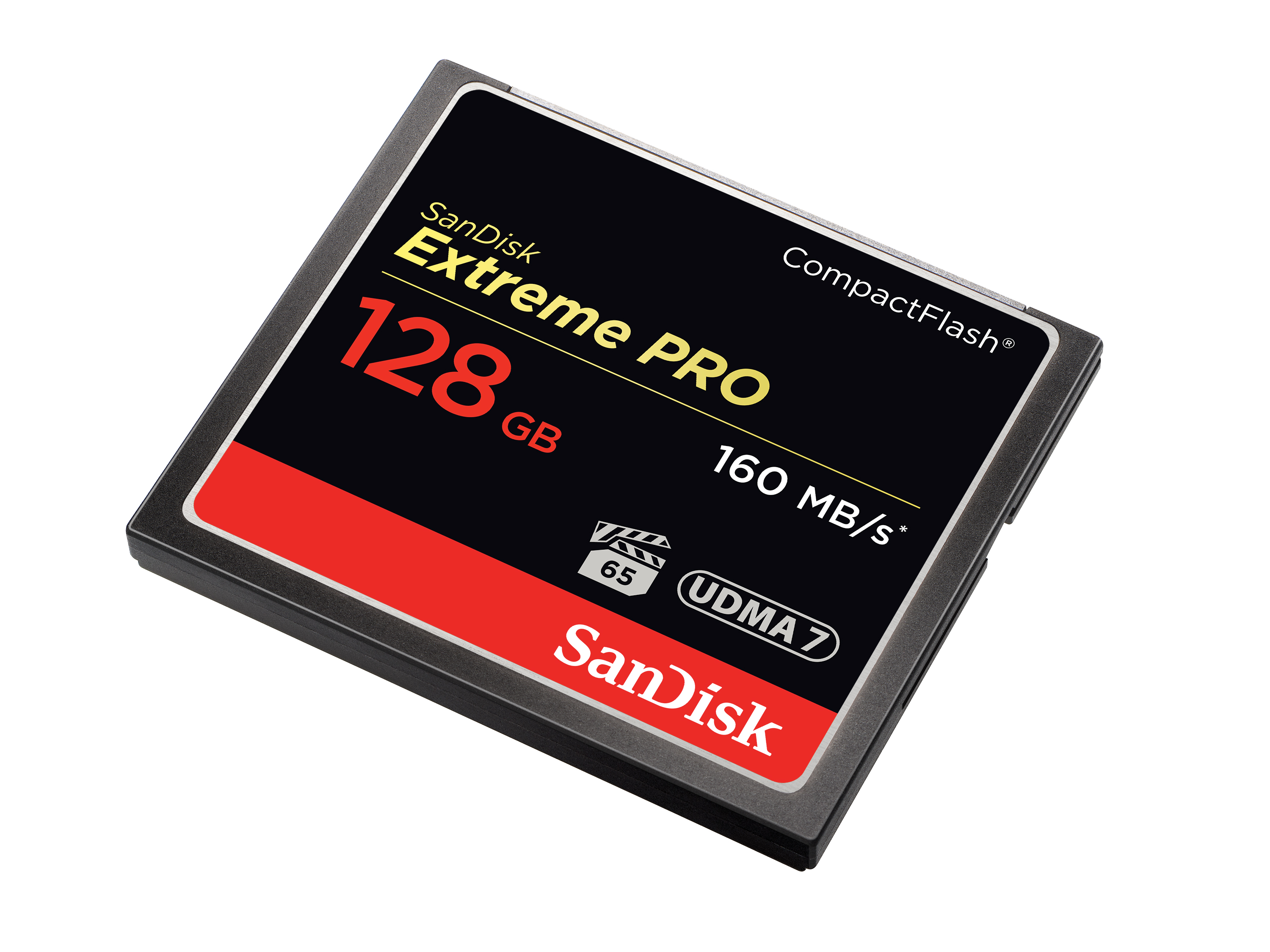 Zwarte Sandisk geheugenkaart met rood label, 128 GB, witte achtergrond.