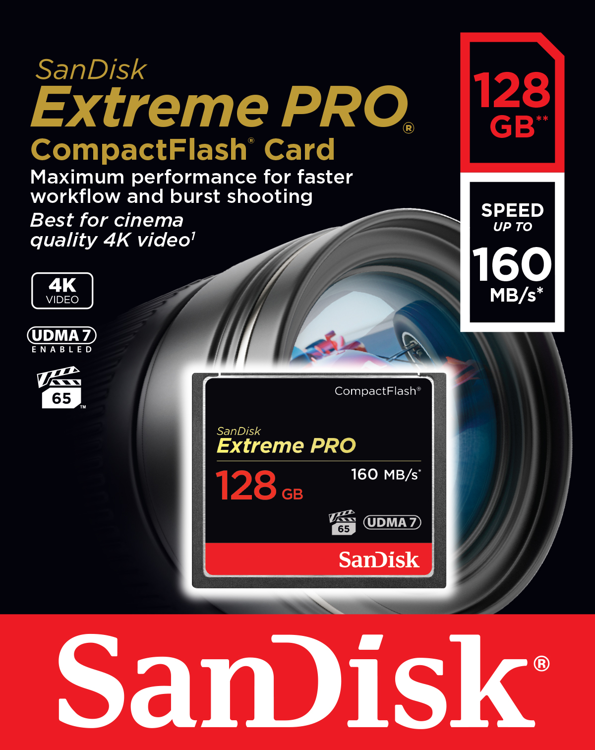 SanDisk Extreme PRO CompactFlash-kaart. Zwarte kaart voor cameralens. 128 GB, 160 MB/s.