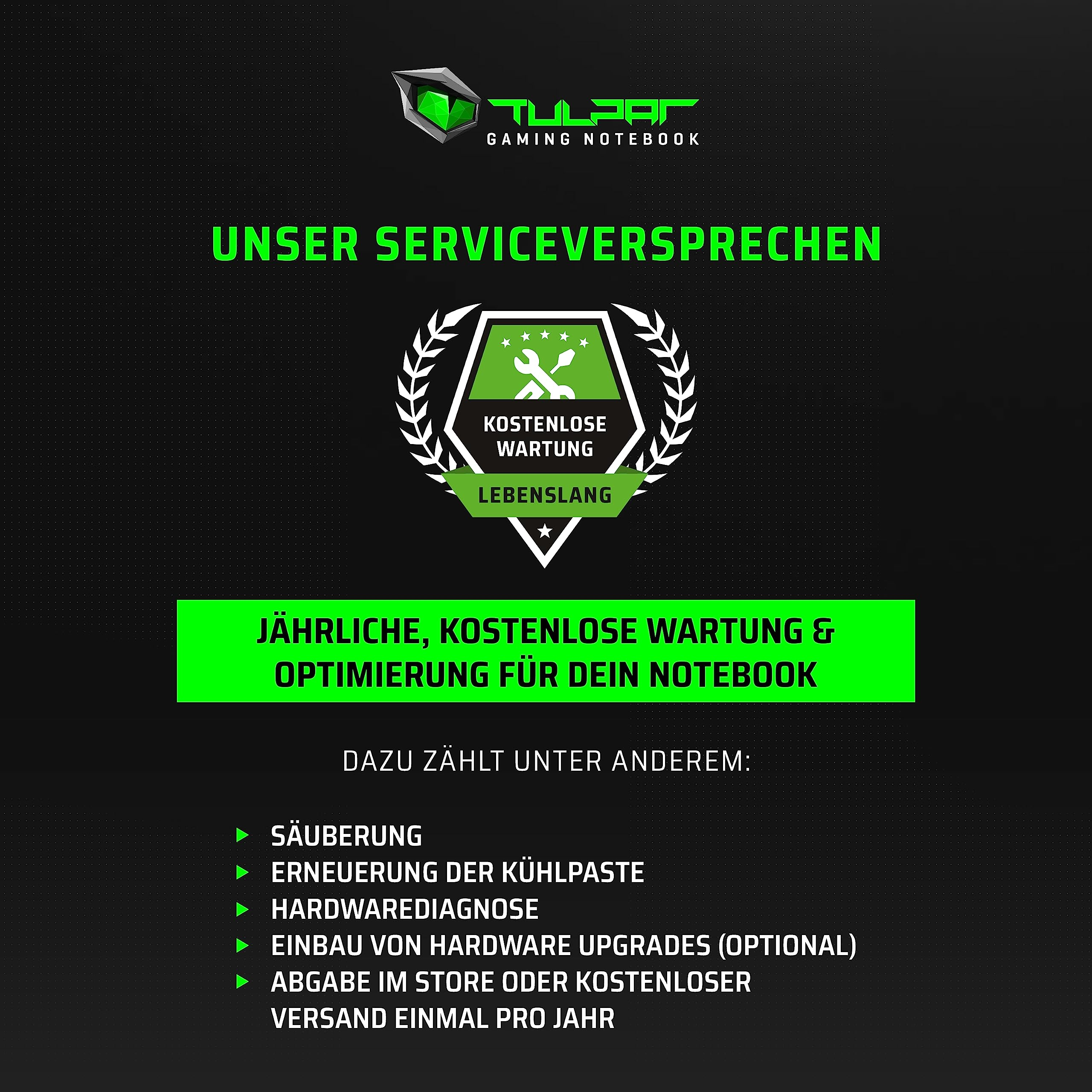 Czarny i zielony plakat z tekstem o serwisie i konserwacji laptopów.