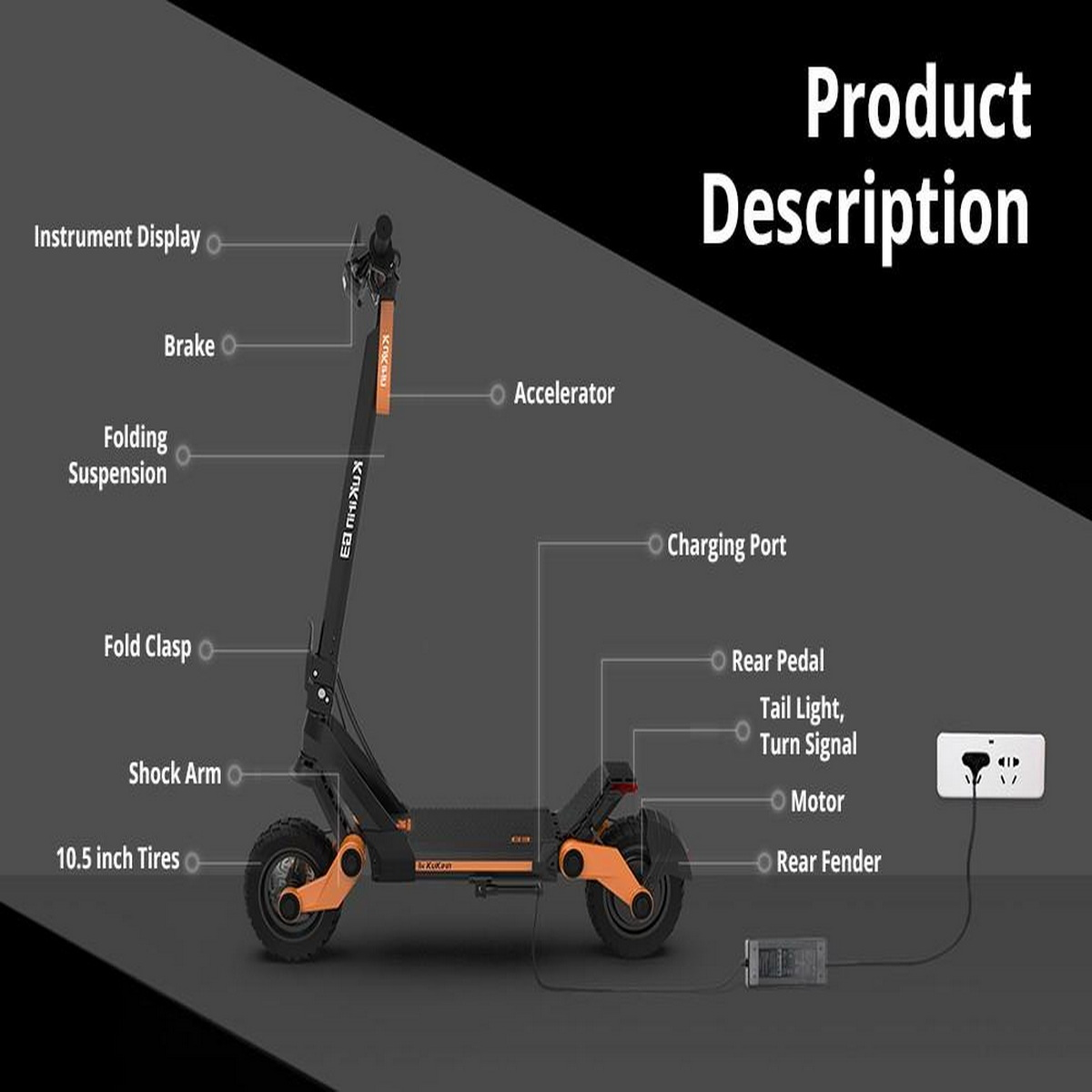 Scooter elettrico con parti etichettate. Il testo evidenzia il display degli strumenti, il freno e altro.