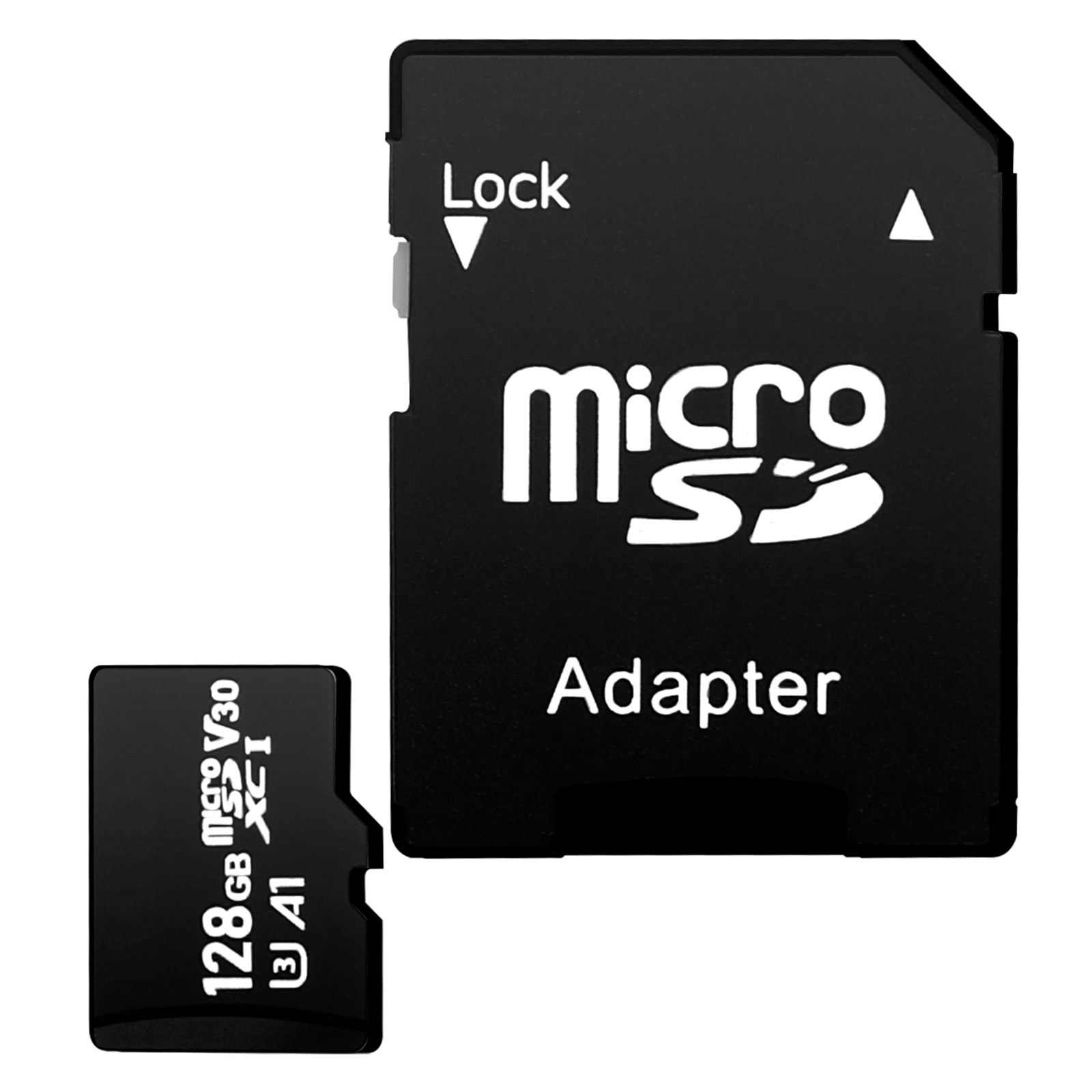 Schwarze Micro-SD-Karte und Adapter. Der Text 'Micro SD' steht auf dem Adapter.