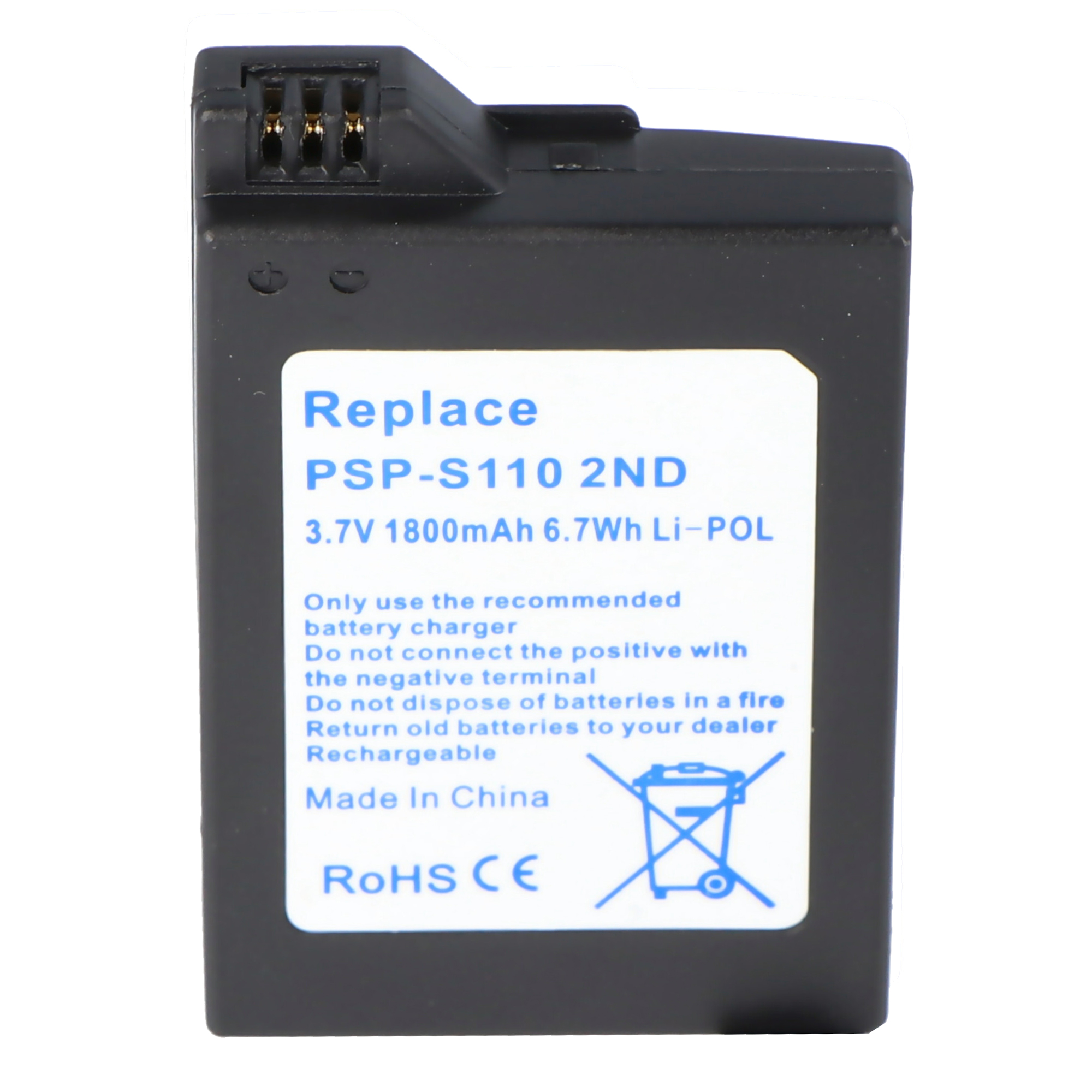 Eine schwarze Batterie mit weißem Etikett, auf dem 'Replace' steht. Recycling-Symbol vorhanden.