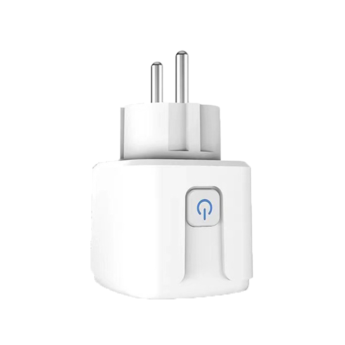 Ein weißer Smart Plug mit zwei Pins und einem Ein-/Ausschalter.