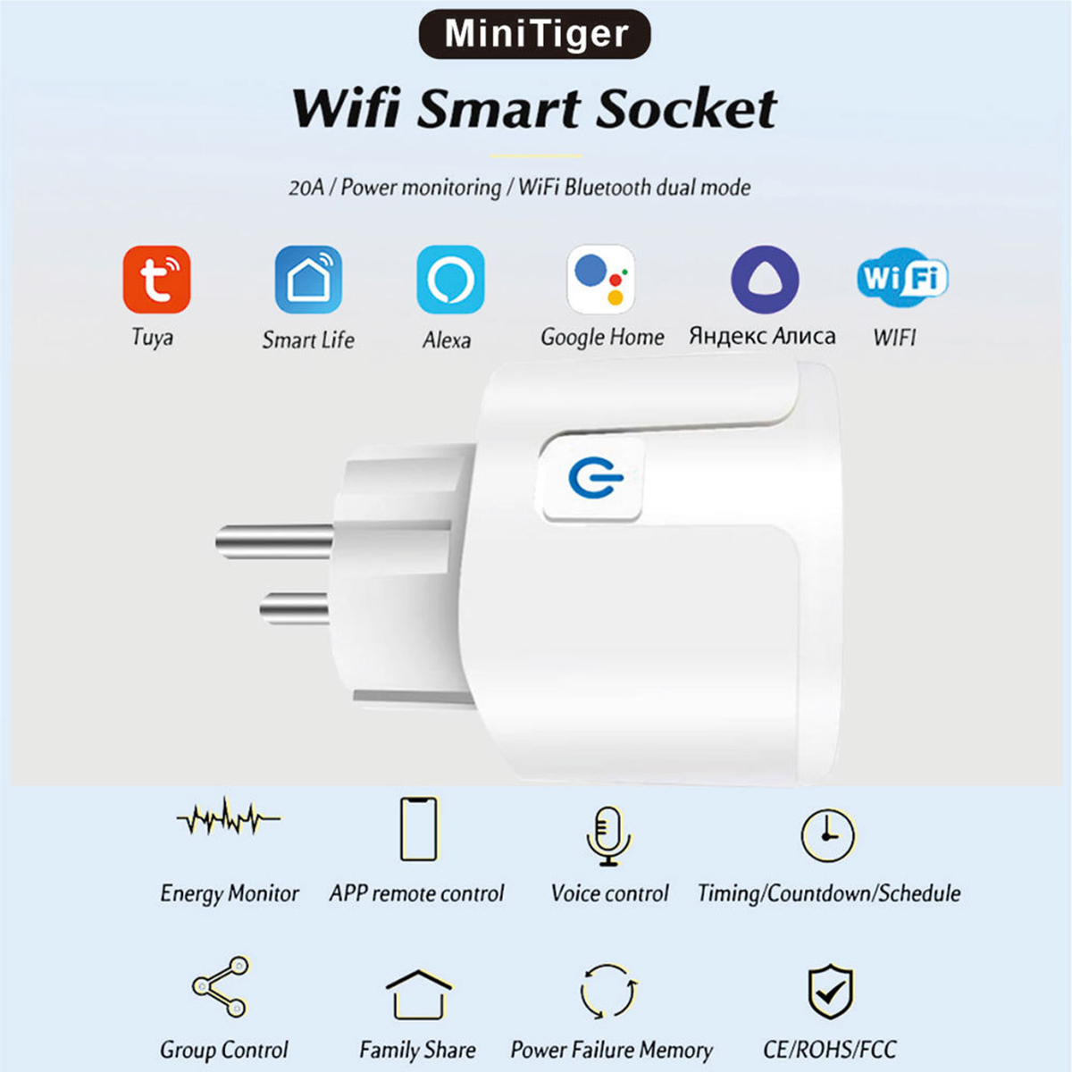 Ein weißer Smart Plug mit Symbolen für Tuya, Smart Life, Alexa, Google Home und WiFi. Text: MiniTiger.