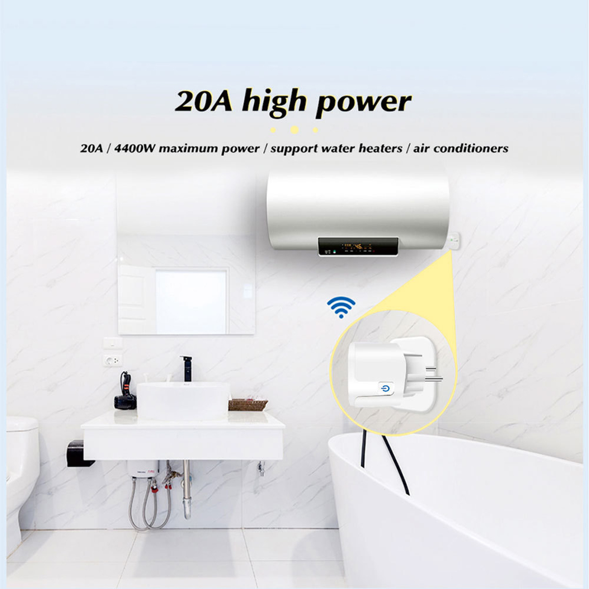 Ein Badezimmer mit einem Warmwasserbereiter, einem Waschbecken und einem Stecker mit vergrößerter Ansicht.