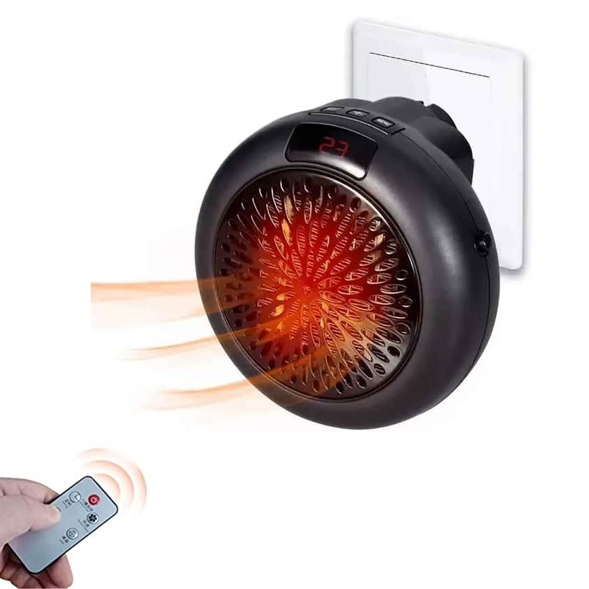 Calentador de pared negro enchufado. Elemento calefactor rojo brillante, mando a distancia cerca.