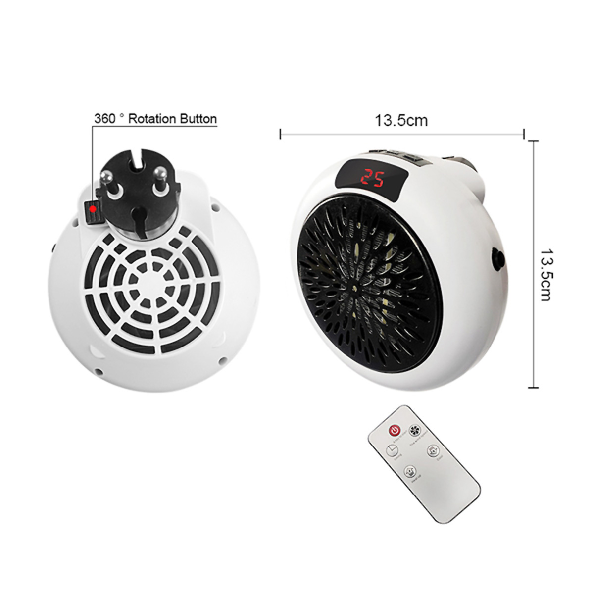Calentador portátil blanco con pantalla digital y mando a distancia. Dimensiones y un botón de rotación de 360° son visibles.