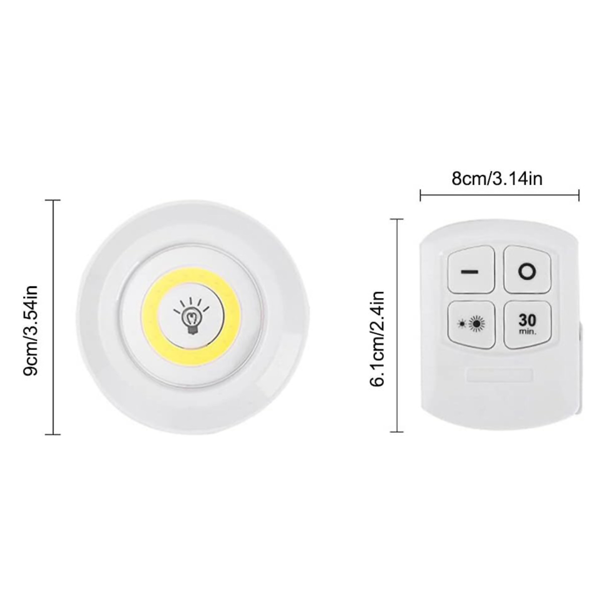 Una luz LED redonda blanca con un mando a distancia. El mando tiene botones para el brillo y la configuración del tiempo.