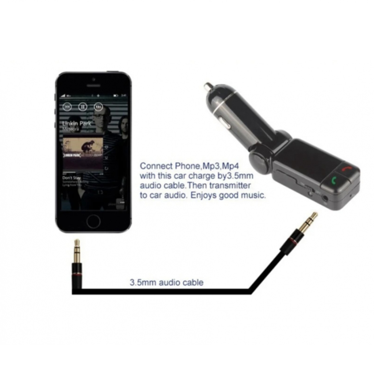 Cargador de coche con teléfono y cable de audio de 3,5 mm. Conecta el teléfono al audio del coche.