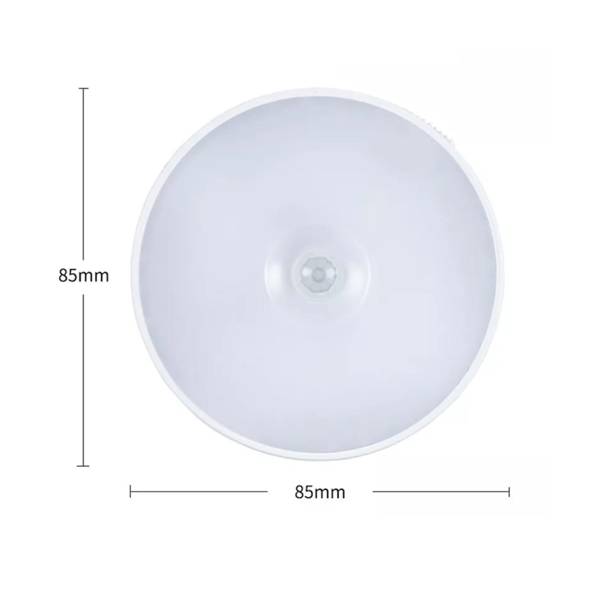 Luz blanca circular con sensor de movimiento. Dimensiones: 85 mm x 85 mm. La luz está sobre un fondo blanco.