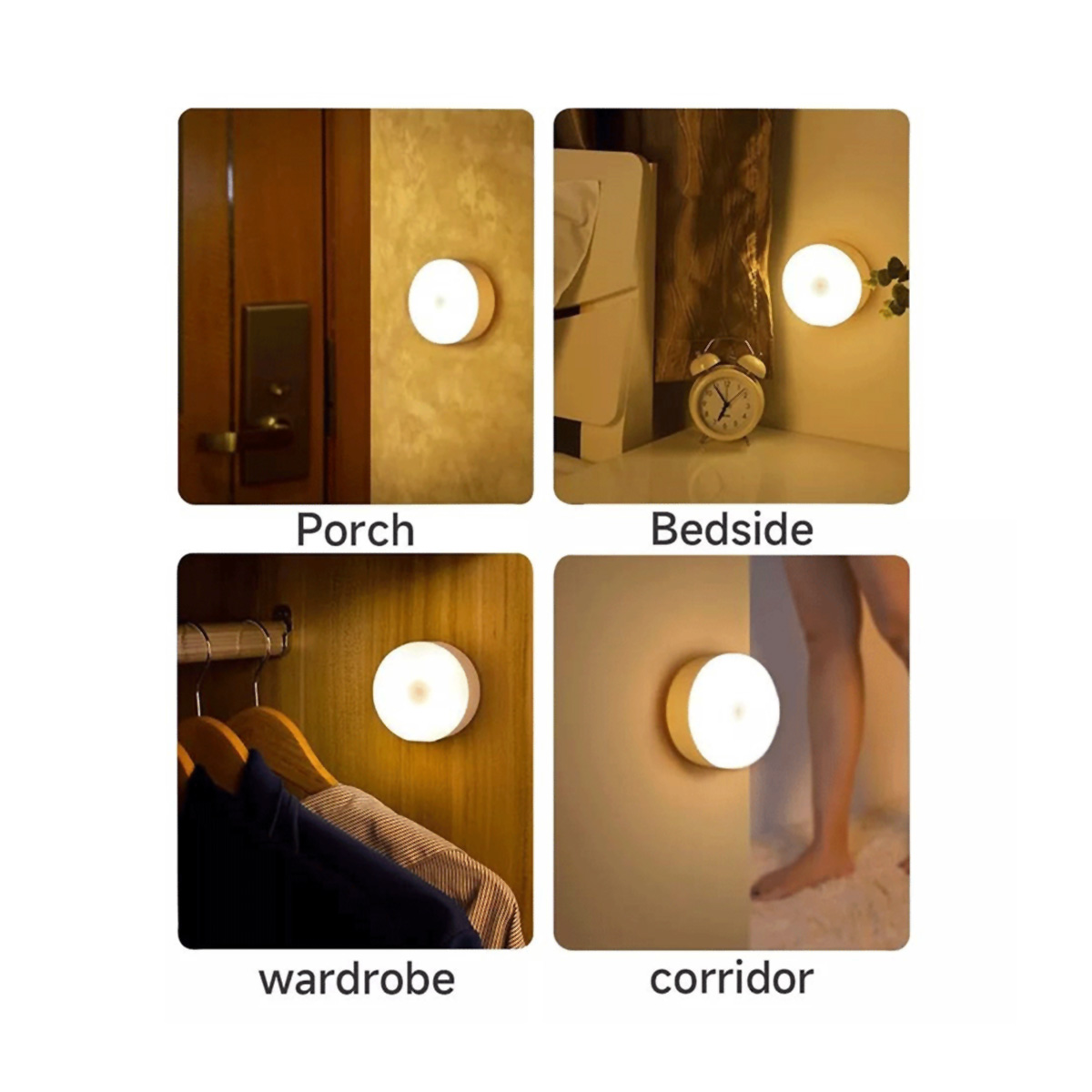 Cuatro imágenes de luces redondas blancas en diferentes entornos: porche, mesita de noche, armario y pasillo.