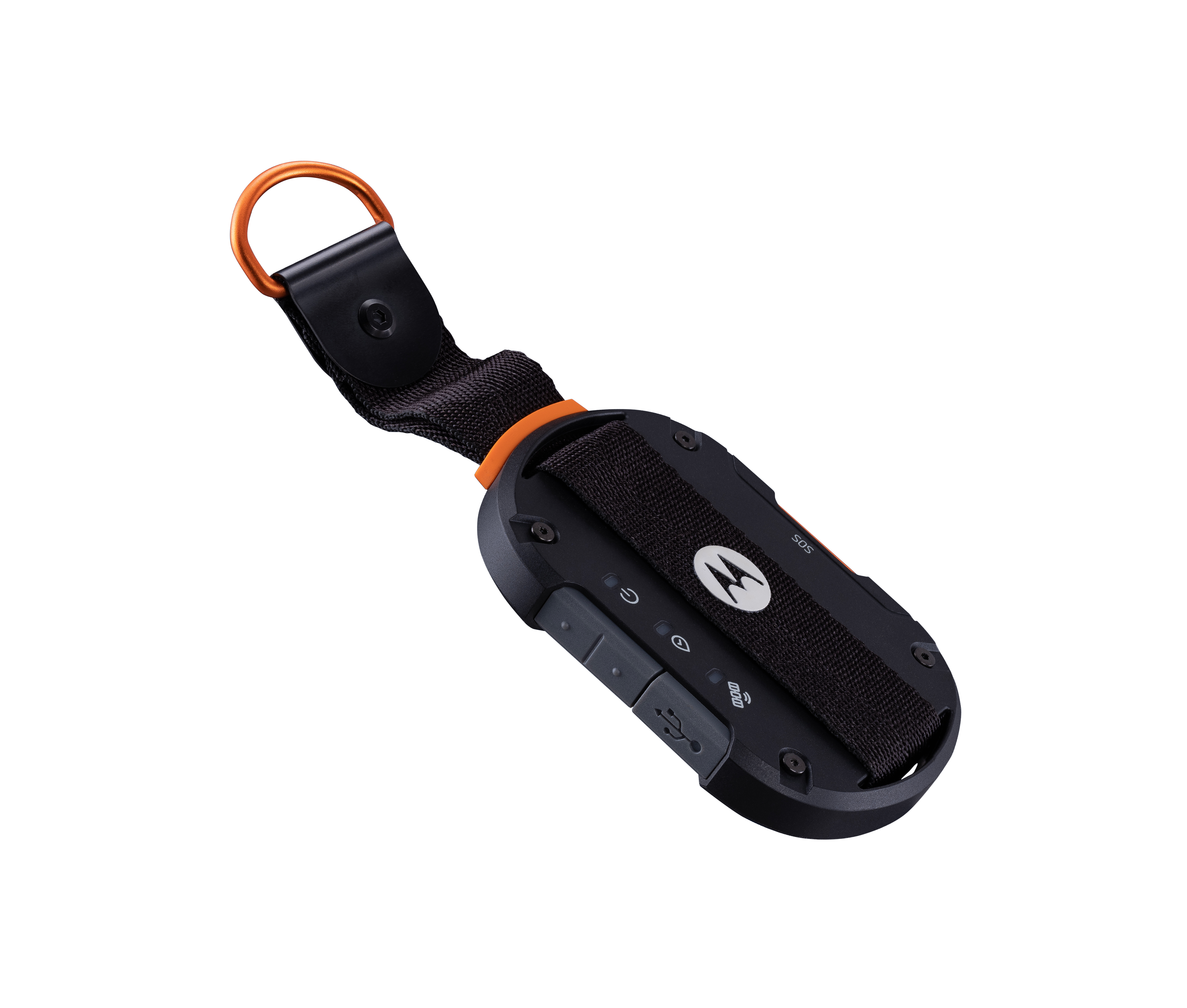Dispositivo Motorola negro con anillo naranja, correa negra. Etiqueta SOS. Sobre fondo negro.
