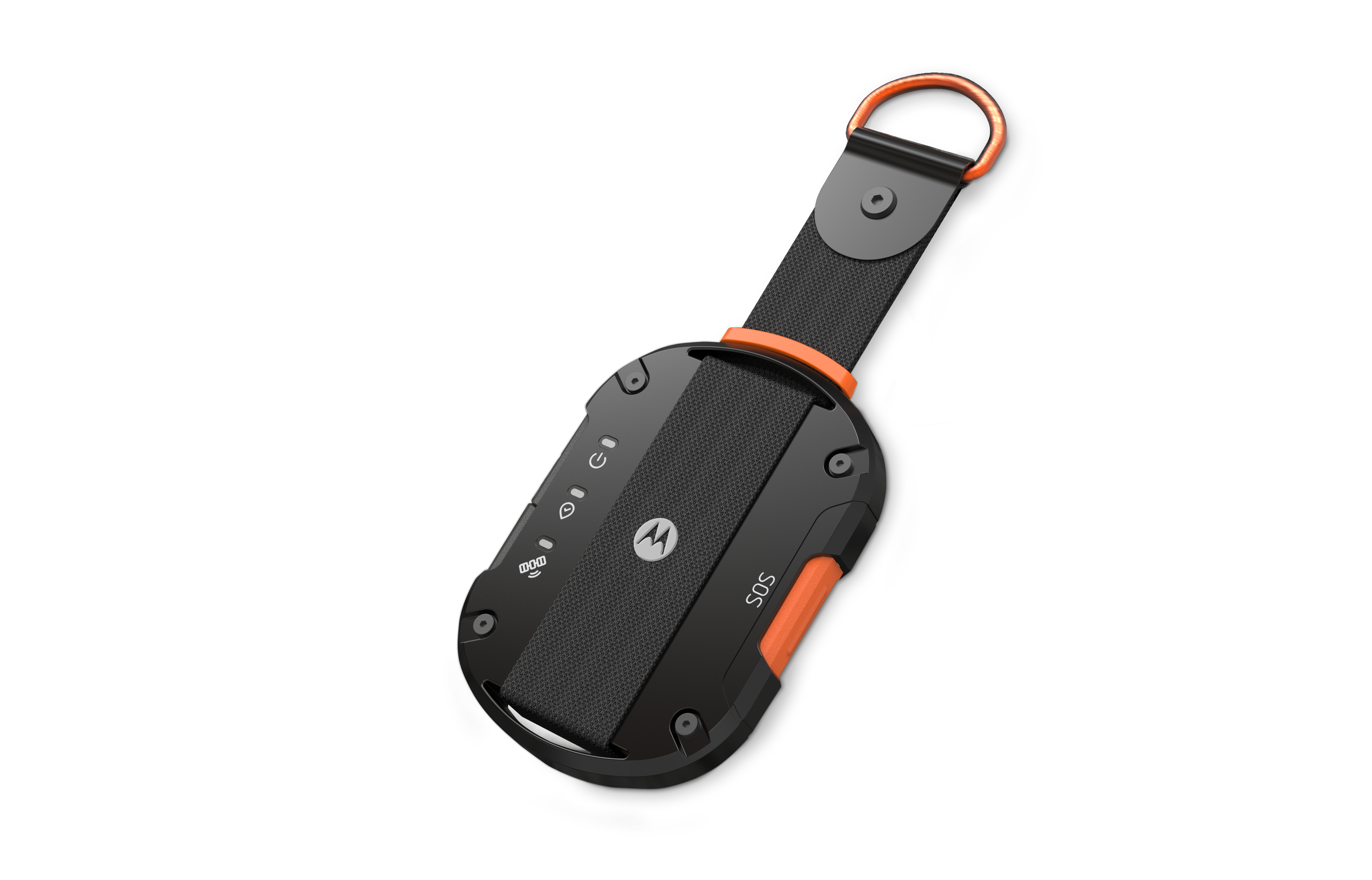 Dispositivo SOS Motorola negro y naranja con correa. Muestra el logo Motorola.
