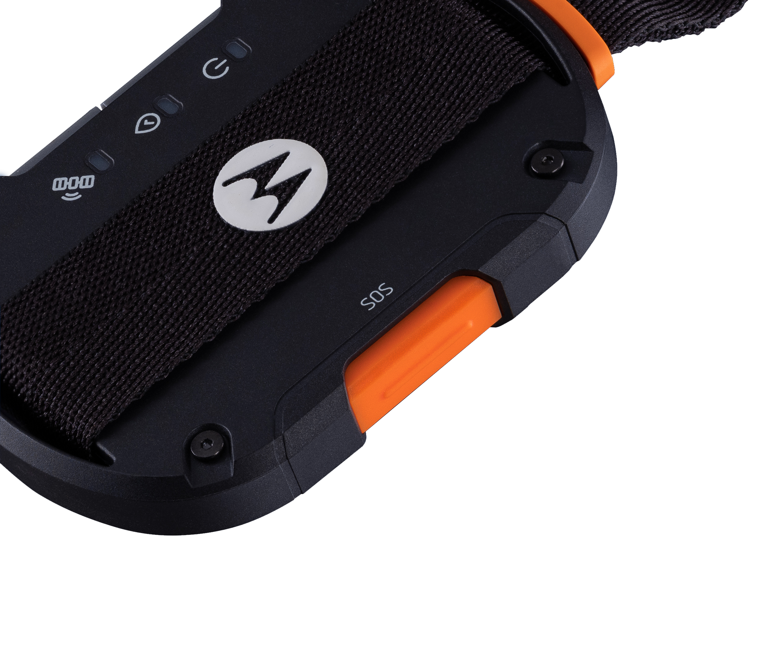 Un dispositivo Motorola negro con detalles en naranja y el logotipo de Motorola.