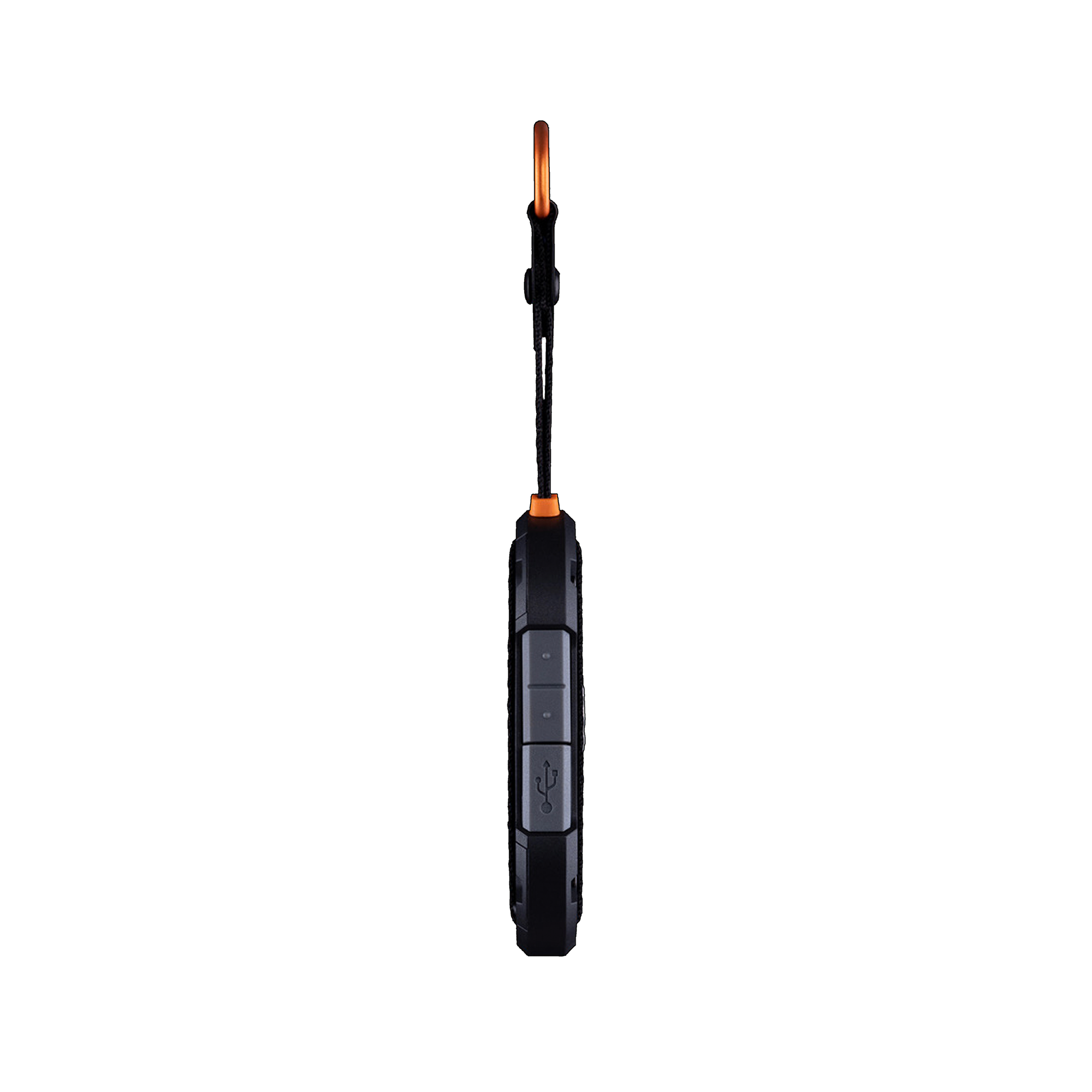 Dispositivo negro con gancho naranja, colgando sobre fondo negro.