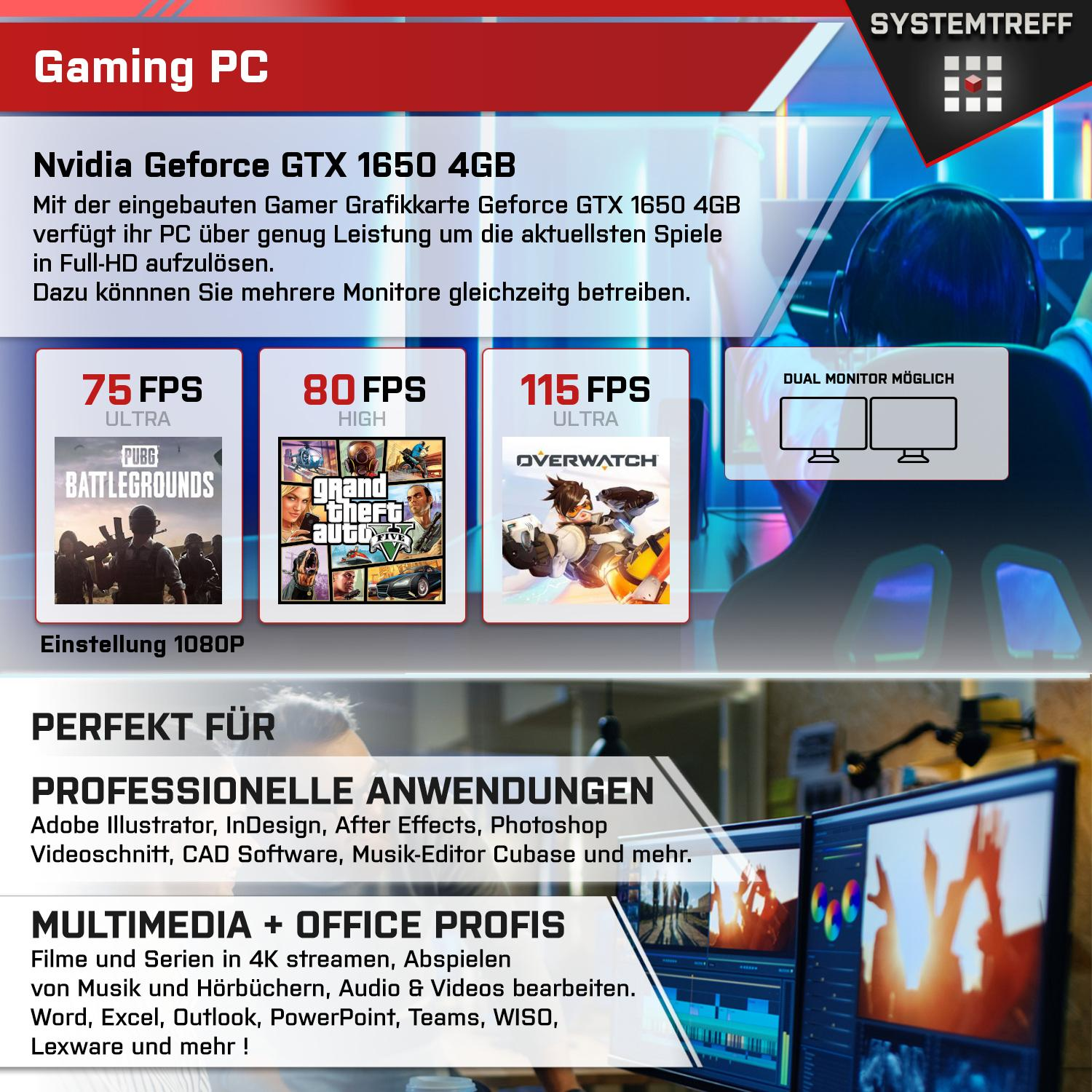 GTX i5-12400F, Gaming 512 mSSD, Pro, 16 Core 1650 mit Windows i5 RAM, Intel® Gaming Intel SYSTEMTREFF NVIDIA Core™ 11 GeForce® GB GB Prozessor, PC