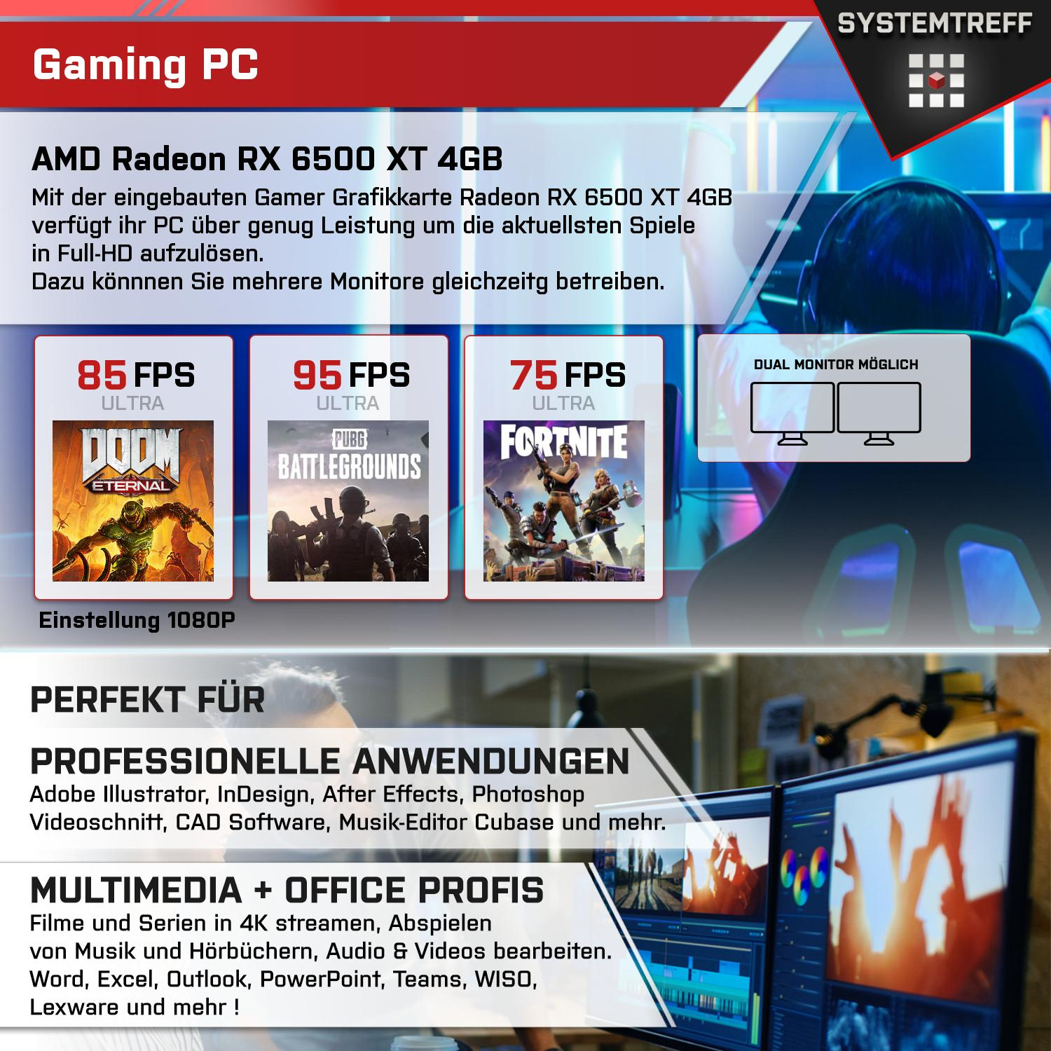 SYSTEMTREFF Gaming Komplett AMD 6500 RX 512 GB 4 PC 16 7500F mit Radeon 7500F, 4GB, Ryzen GB RAM, 5 XT Prozessor, mSSD, GB Komplett AMD
